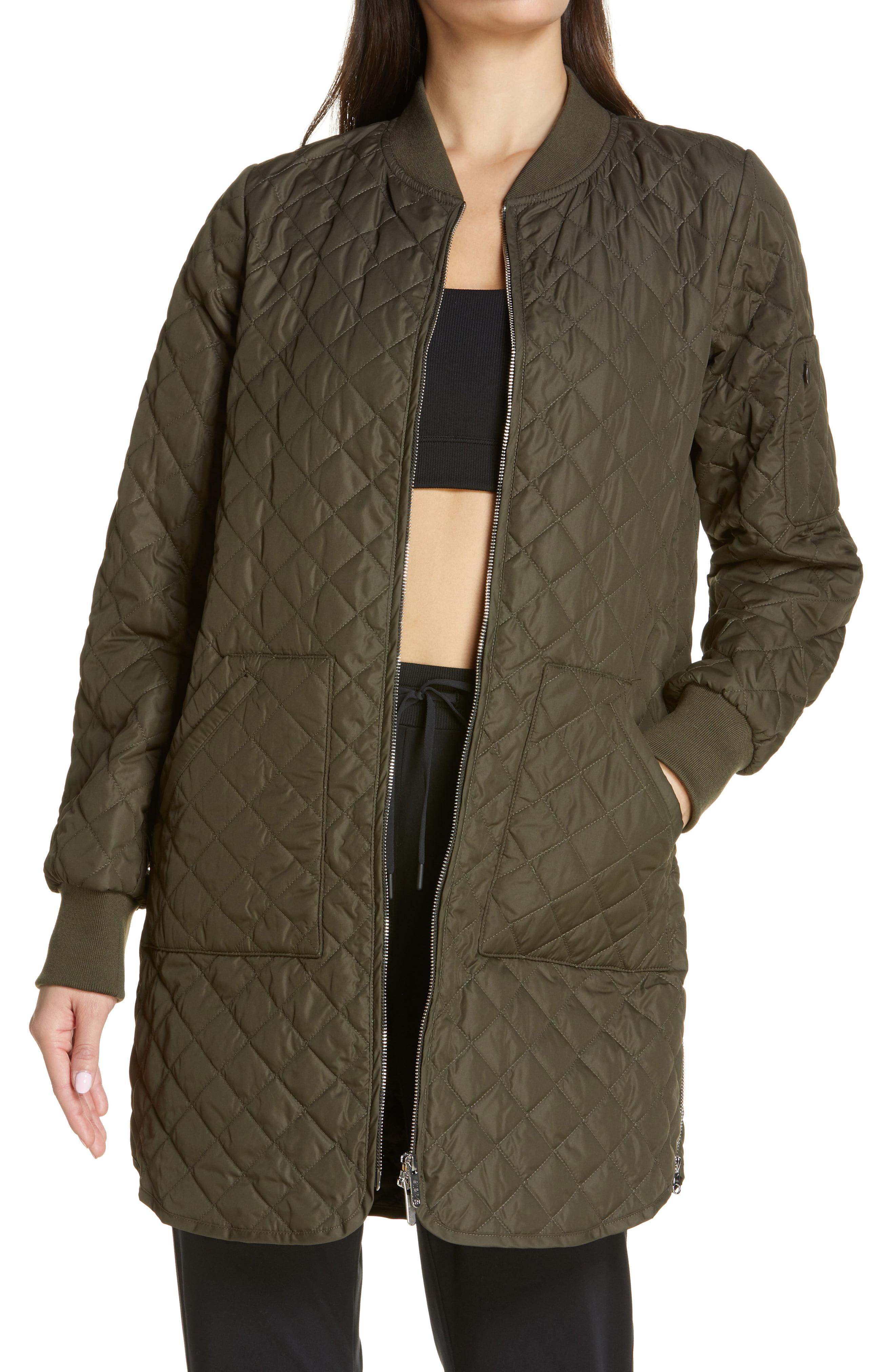Zella Longline Quilted Bomber Jacket in Green