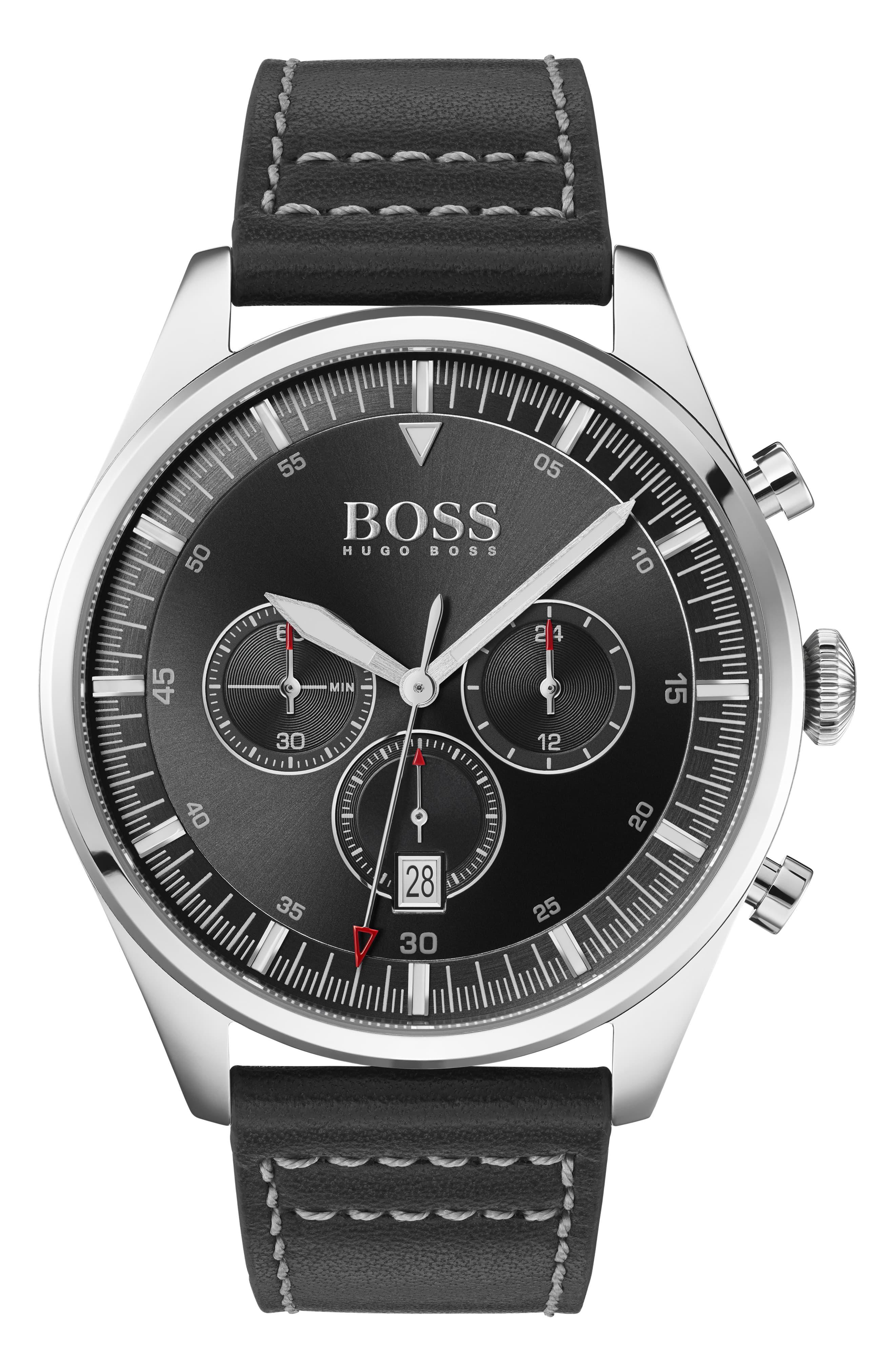 BOSS Men's 44mm Pioneer Chronograph Leather Watch, Black for Men - Lyst