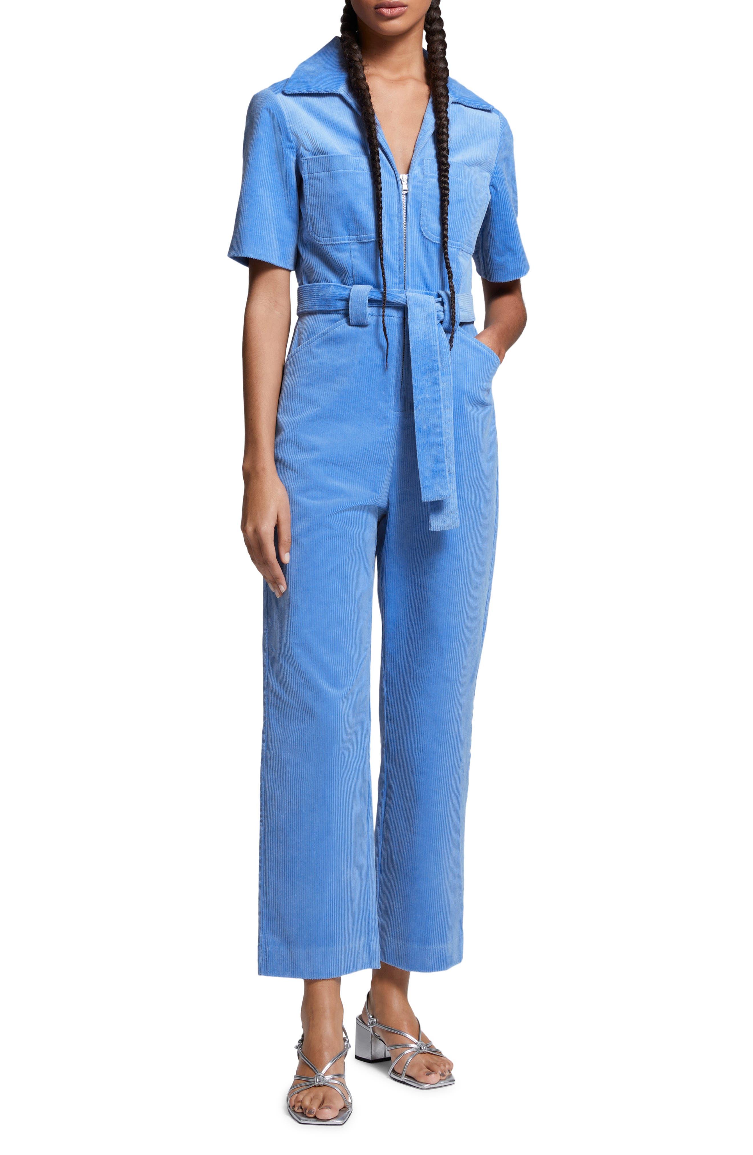 & Other Stories & Belted Short Sleeve Corduroy Jumpsuit in Blue Lyst