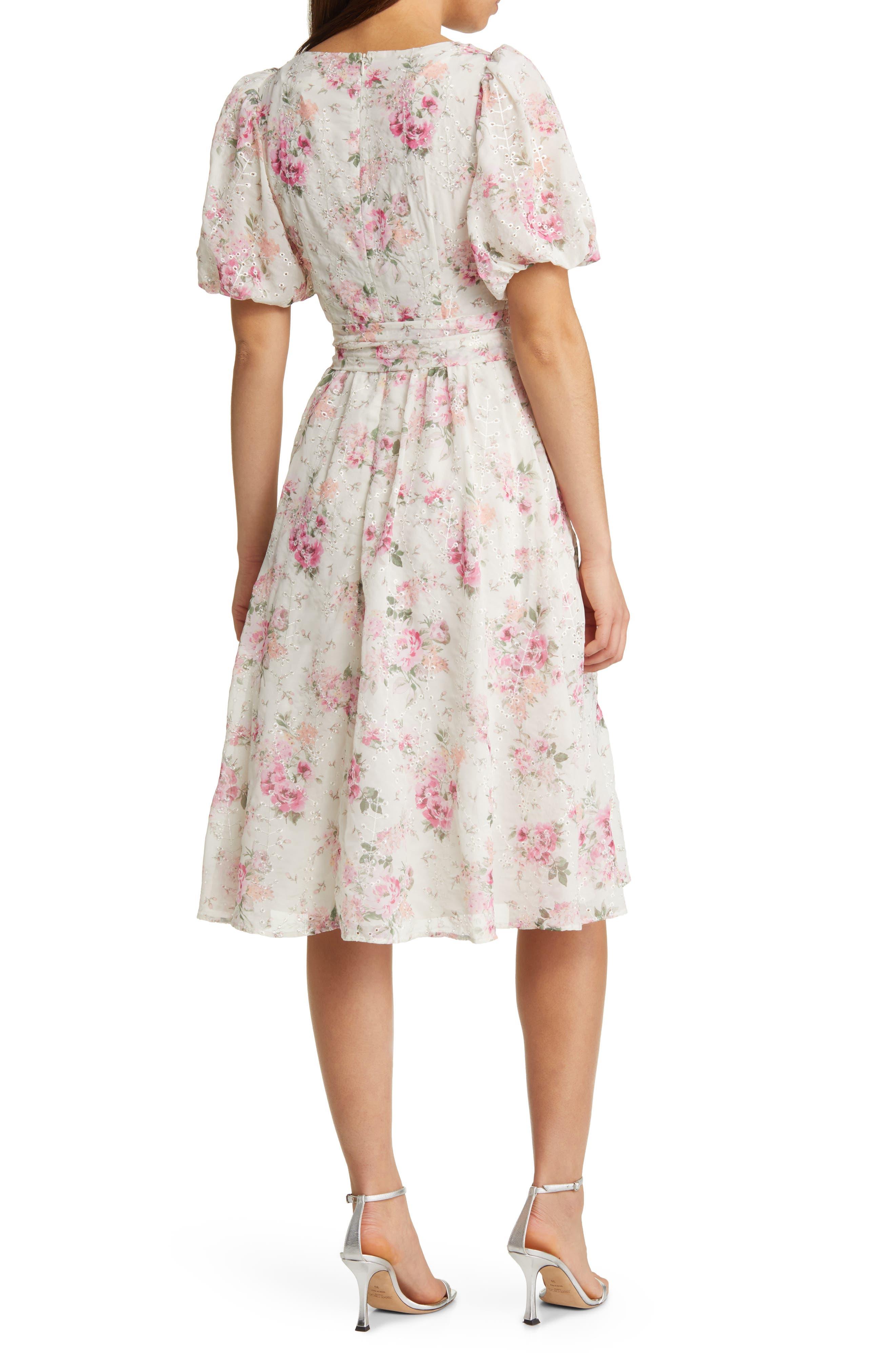 Eliza J Floral Eyelet Puff Sleeve Midi Dress in Pink | Lyst