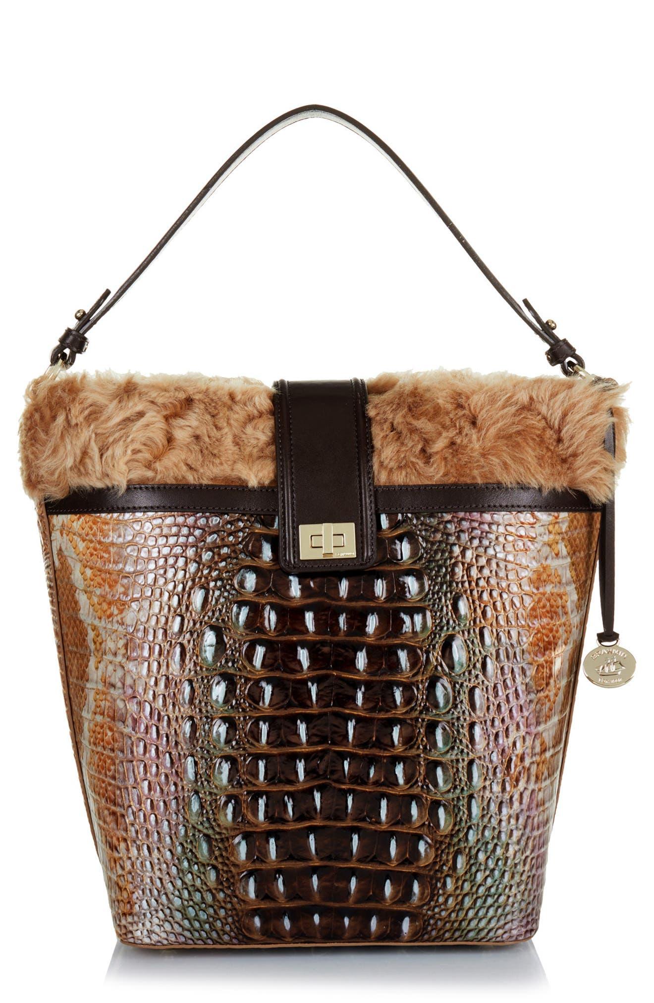 Brahmin Shira Genuine Shearling & Croc Embossed Leather Bucket Bag in Brown Lyst