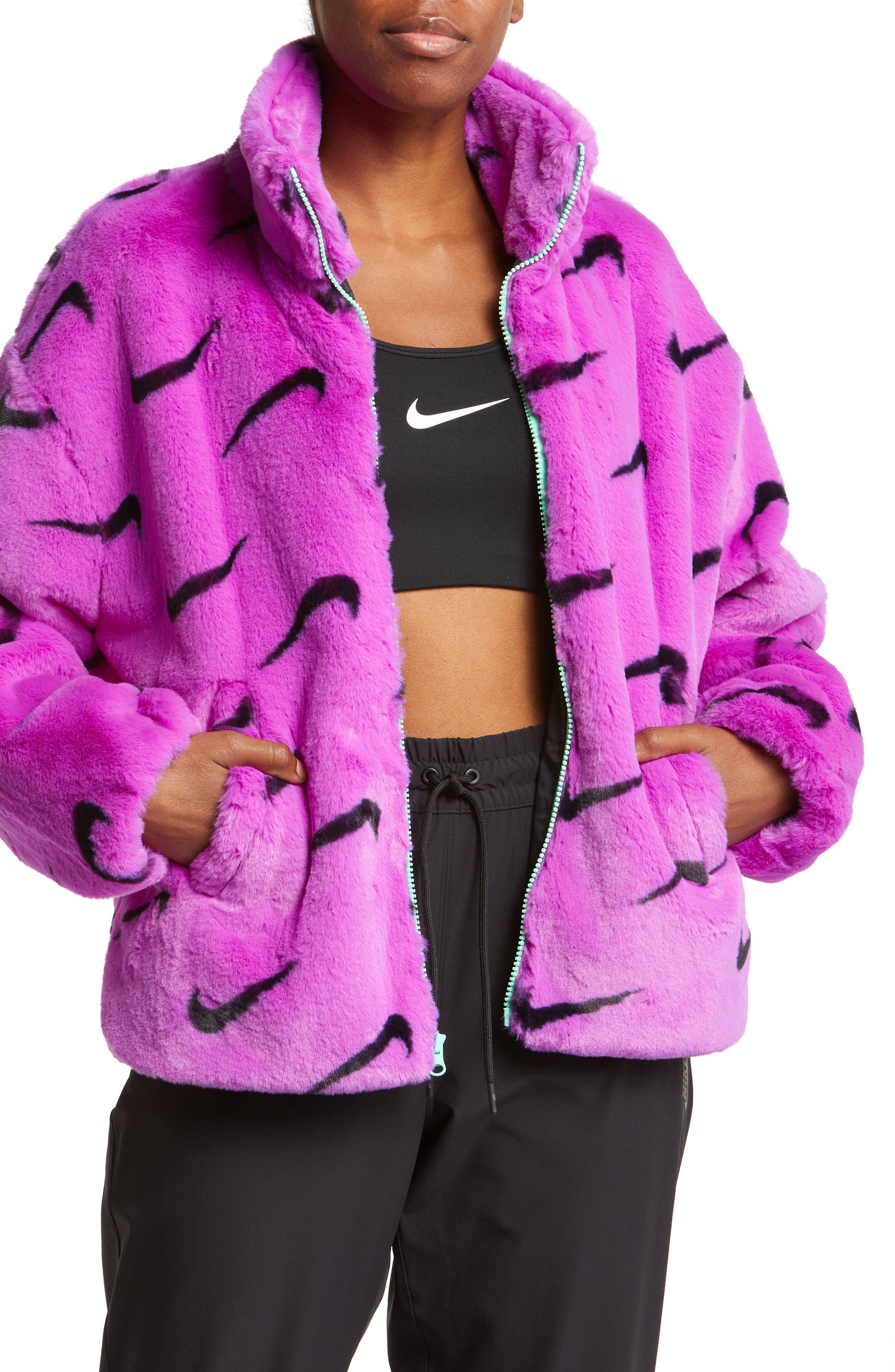 Nike Sportswear Logo Faux Fur Jacket in Pink | Lyst