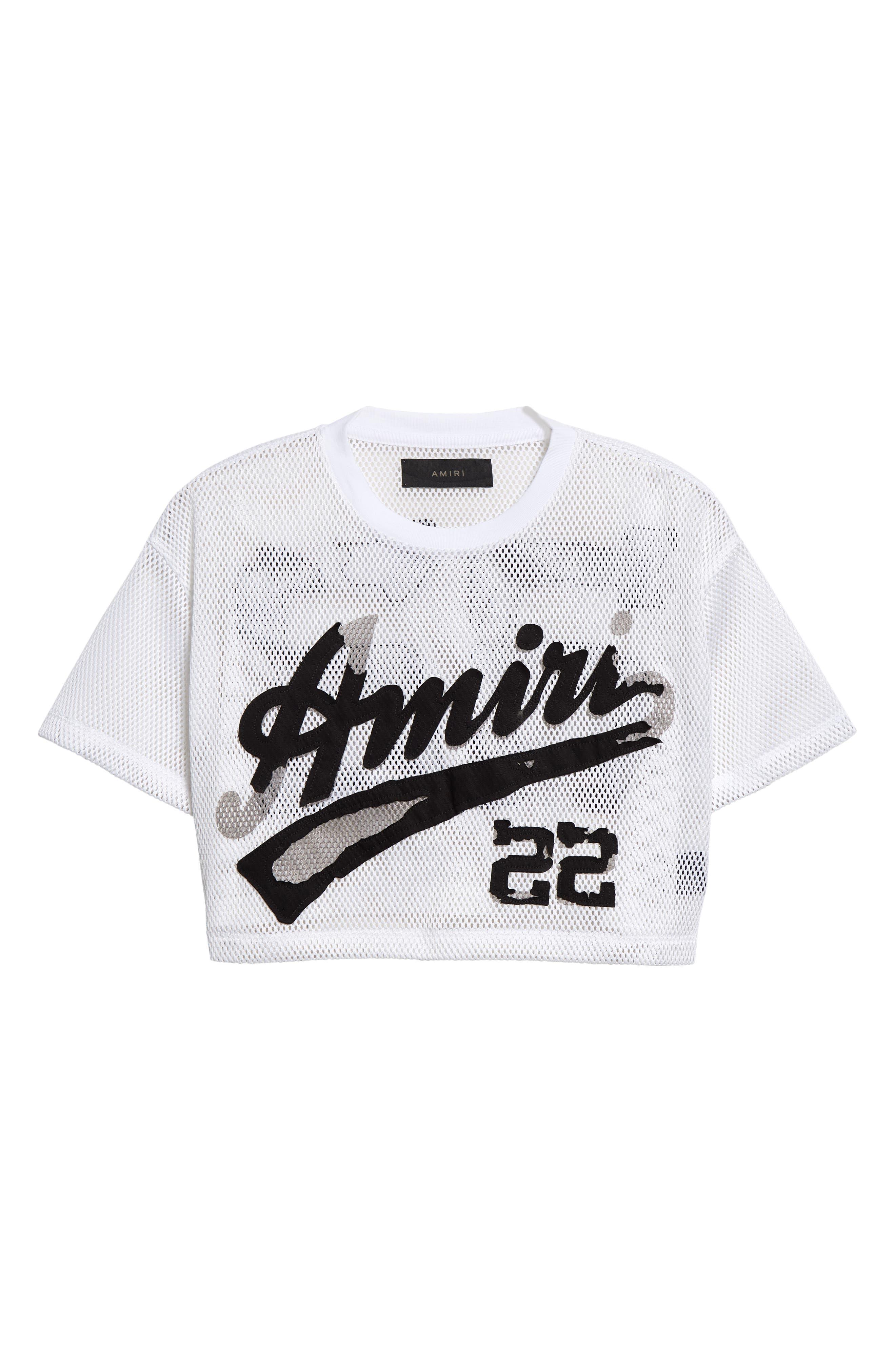 Amiri 22 Distressed Logo Raw Hem Cotton Mesh Crop T-shirt in White | Lyst