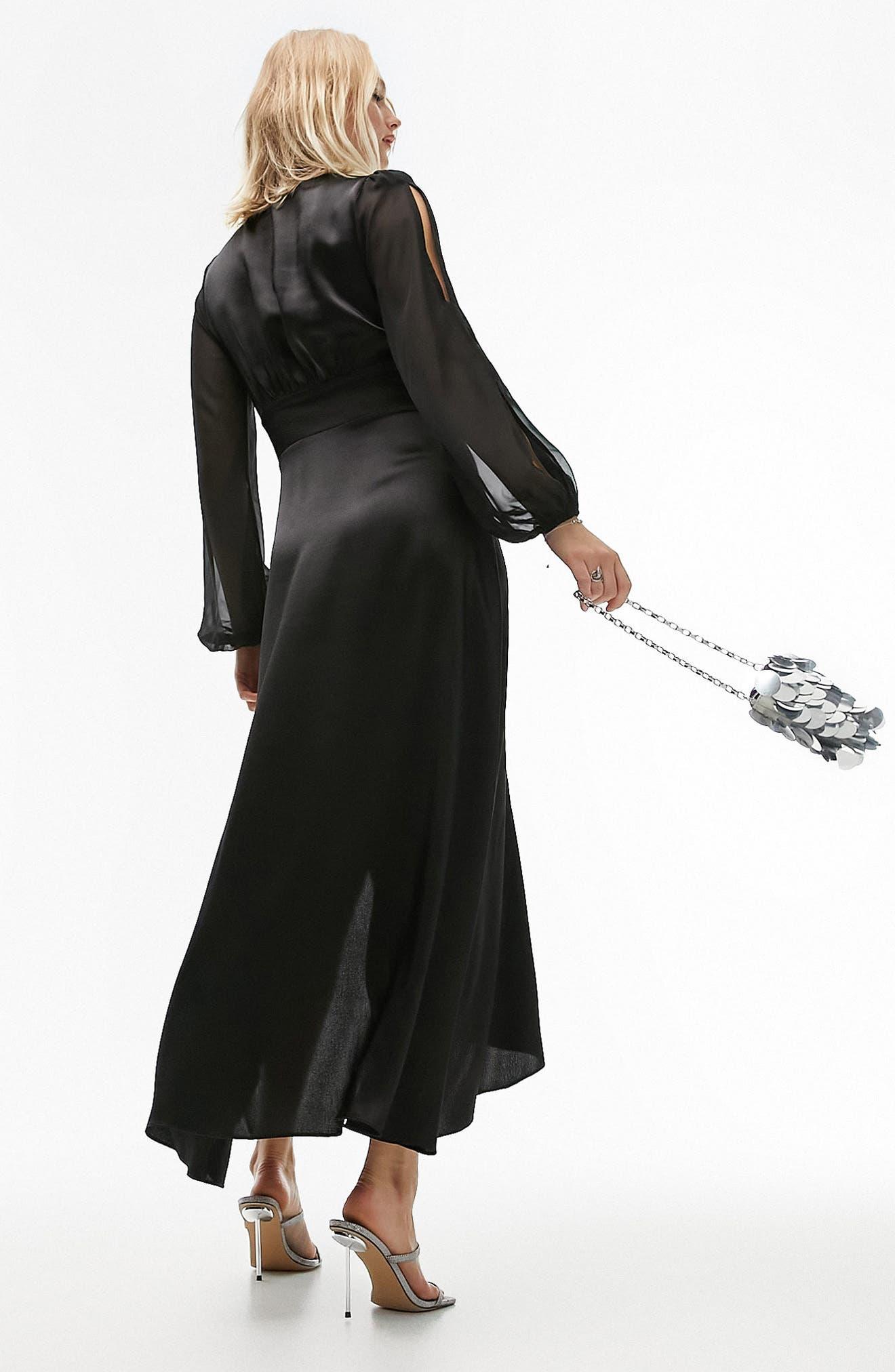 TOPSHOP Split Long Sleeve Satin Maxi Dress in Black | Lyst