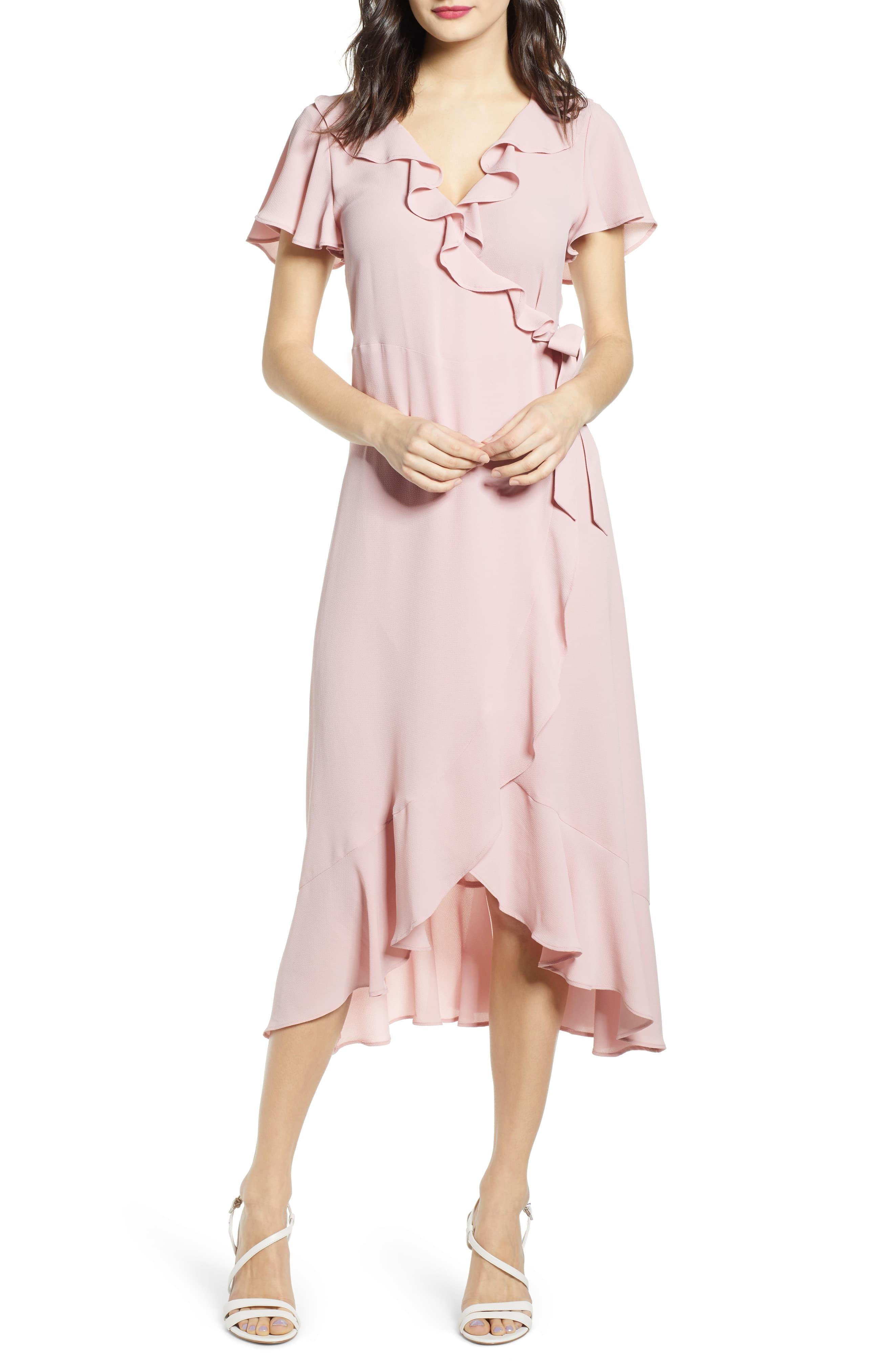 pink ruffle wrap dress
