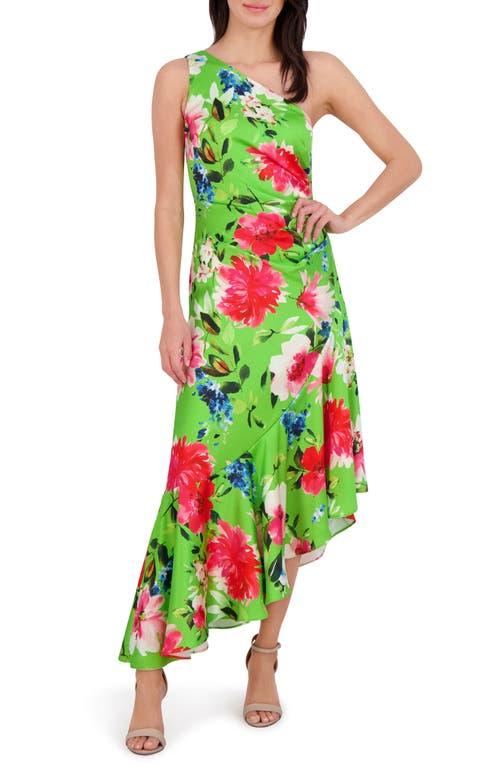Eliza J One Shoulder Floral Asymmetric Satin Cocktail Dress in Green | Lyst