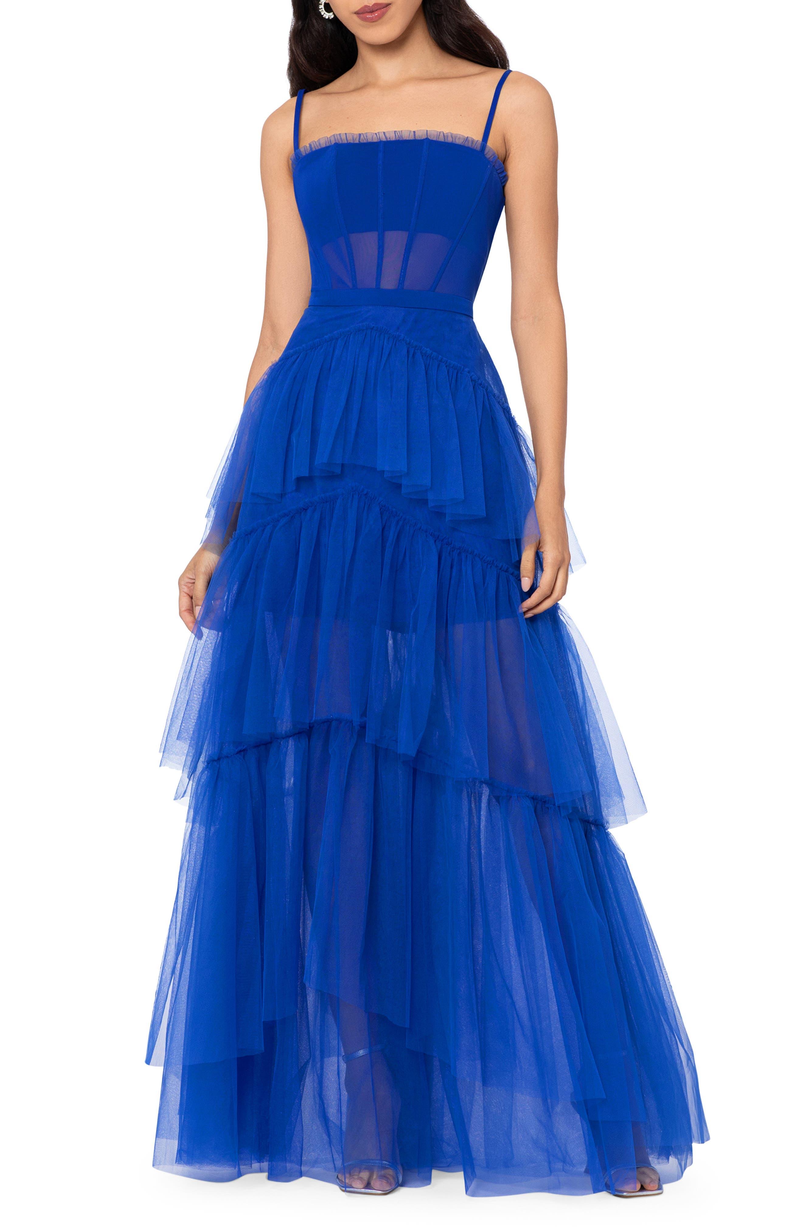 Betsy Adam Tiered Tulle Ruffle Gown in Blue Lyst