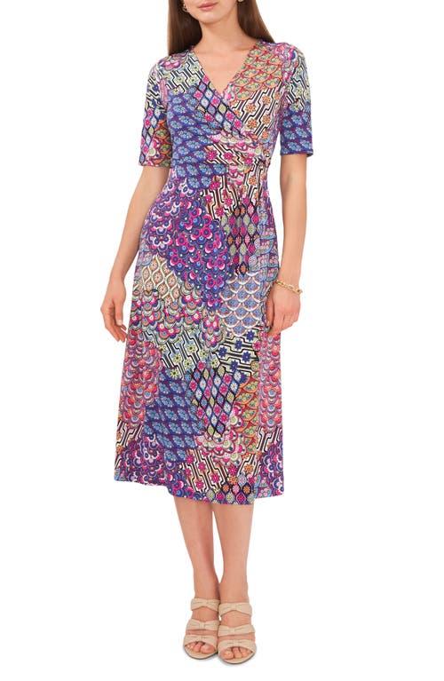 chaus faux wrap midi dress CHAUS Women's Short Sleeve V-Neck Printed Faux Midi Wrap Dress