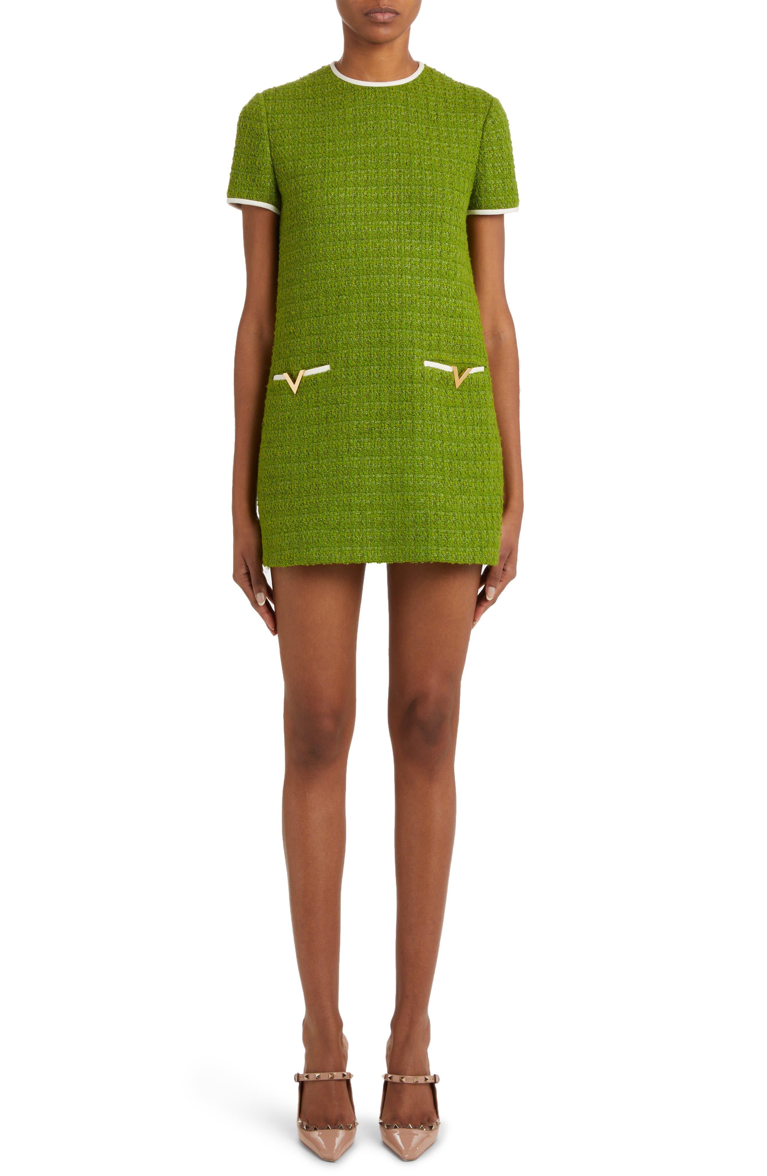 Valentino Contrast Trim Tweed Shift Minidress in Green | Lyst