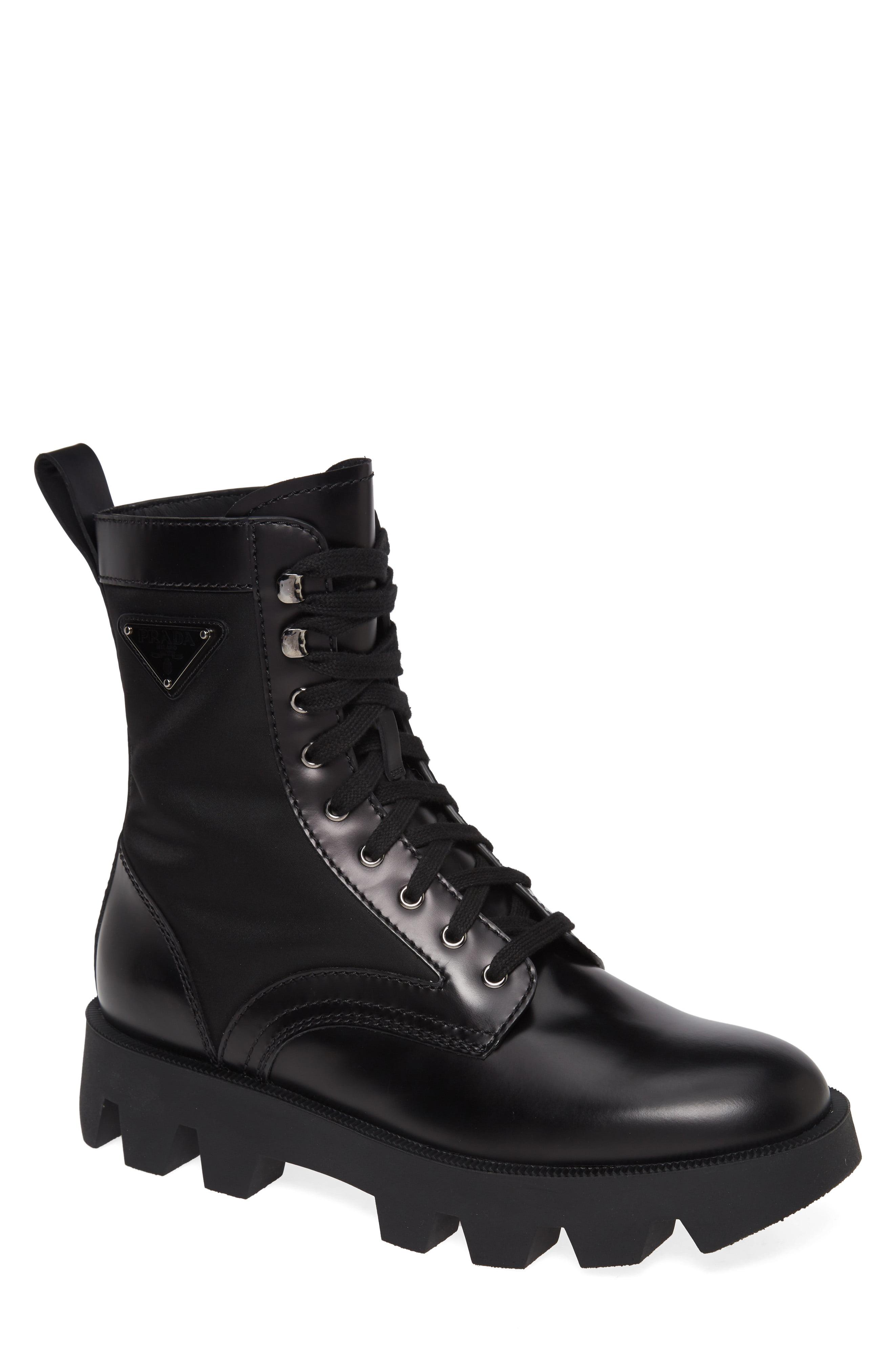 Prada Leather Logo Combat Boot in Nero (Black) for Men - Lyst