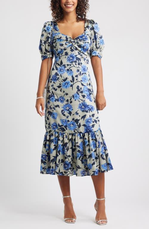 Chelsea28 Twist Front Puff Sleeve Satin Midi Dress in Blue