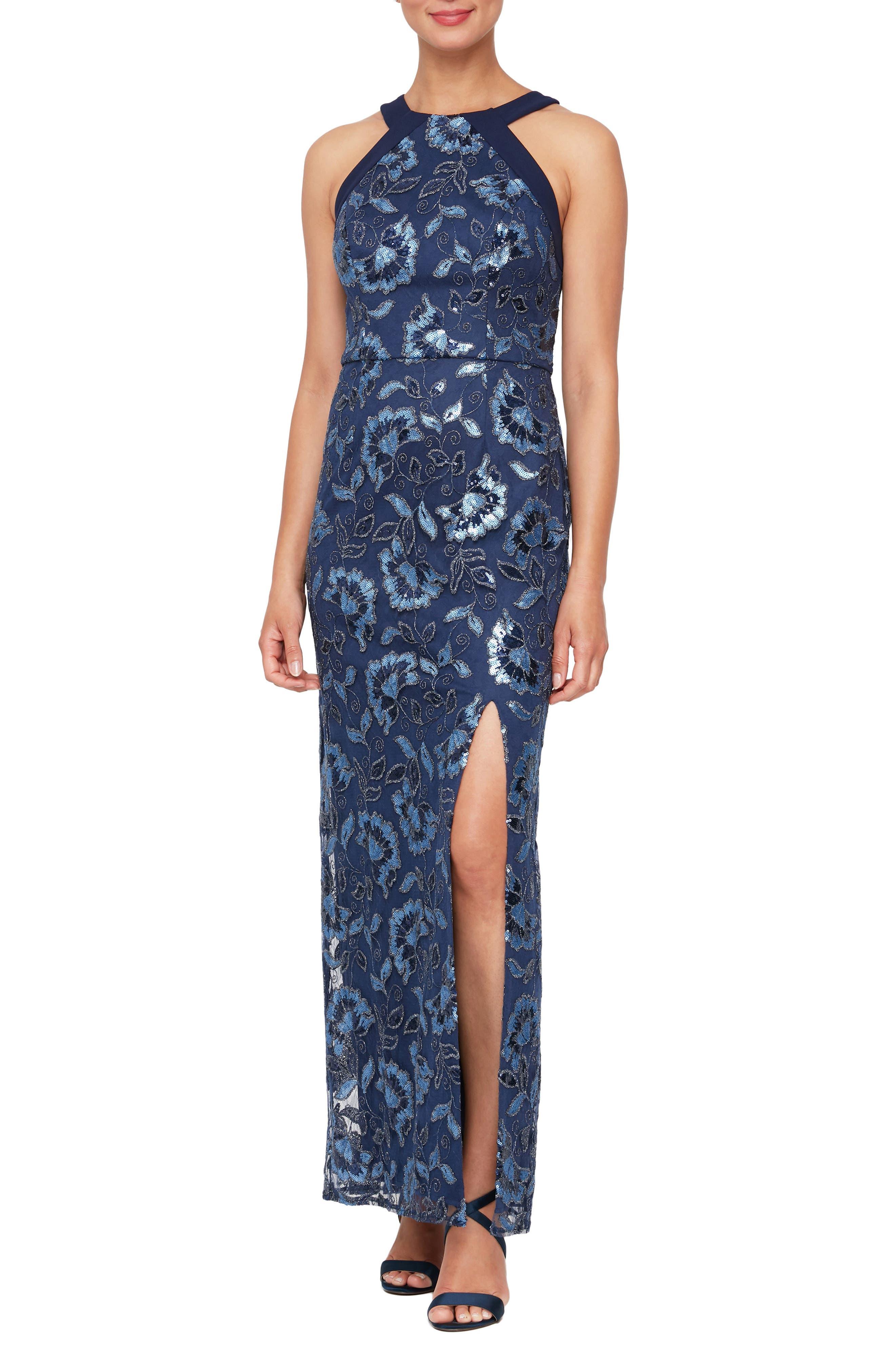 Alex & Eve Sequin Embroidered Halter Gown in Blue | Lyst