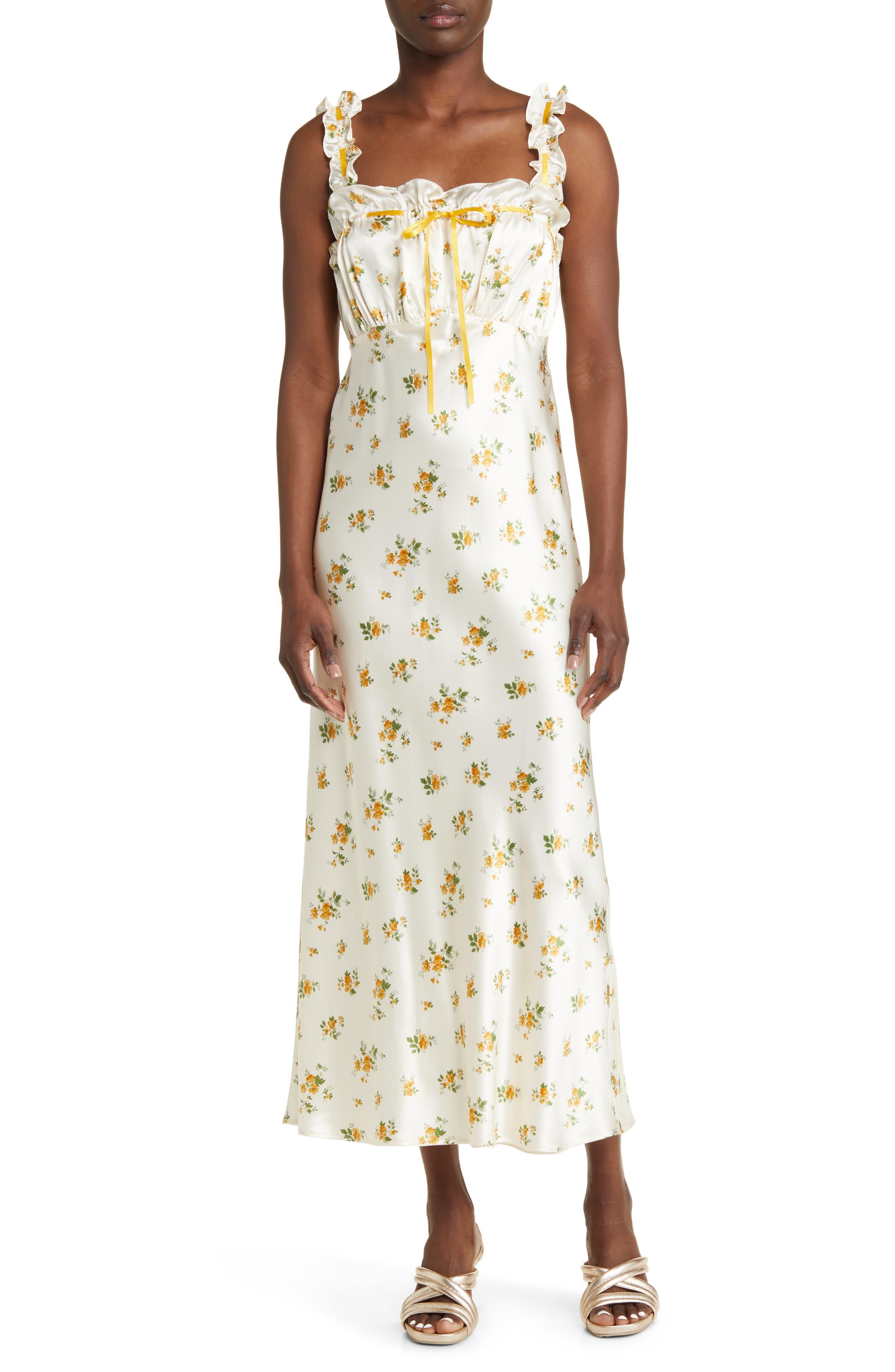 Reformation Erdem Floral Print Ruffle Silk Dress in White | Lyst