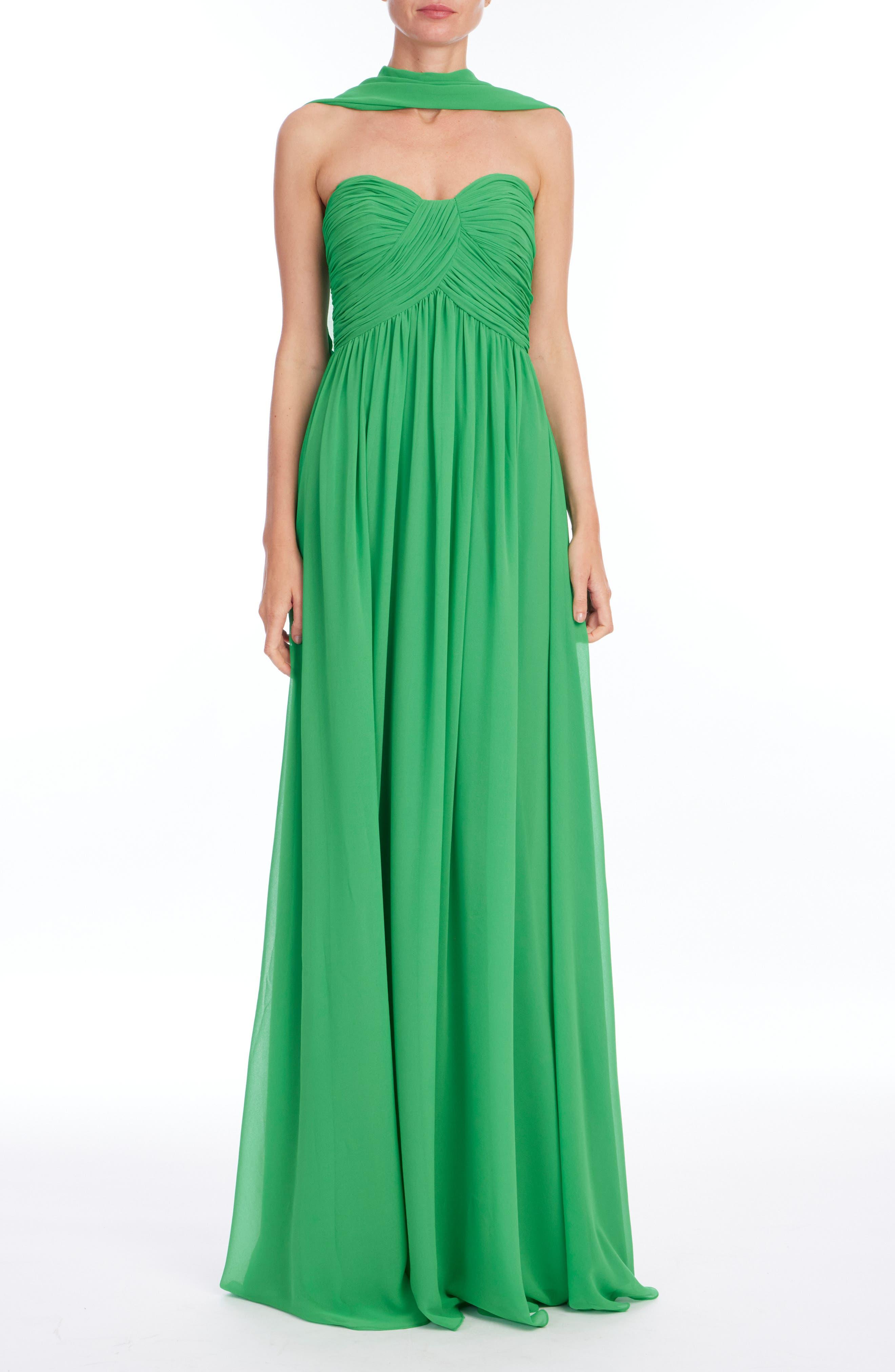 Badgley Mischka Strapless Scarf-detail Chiffon Gown in Green