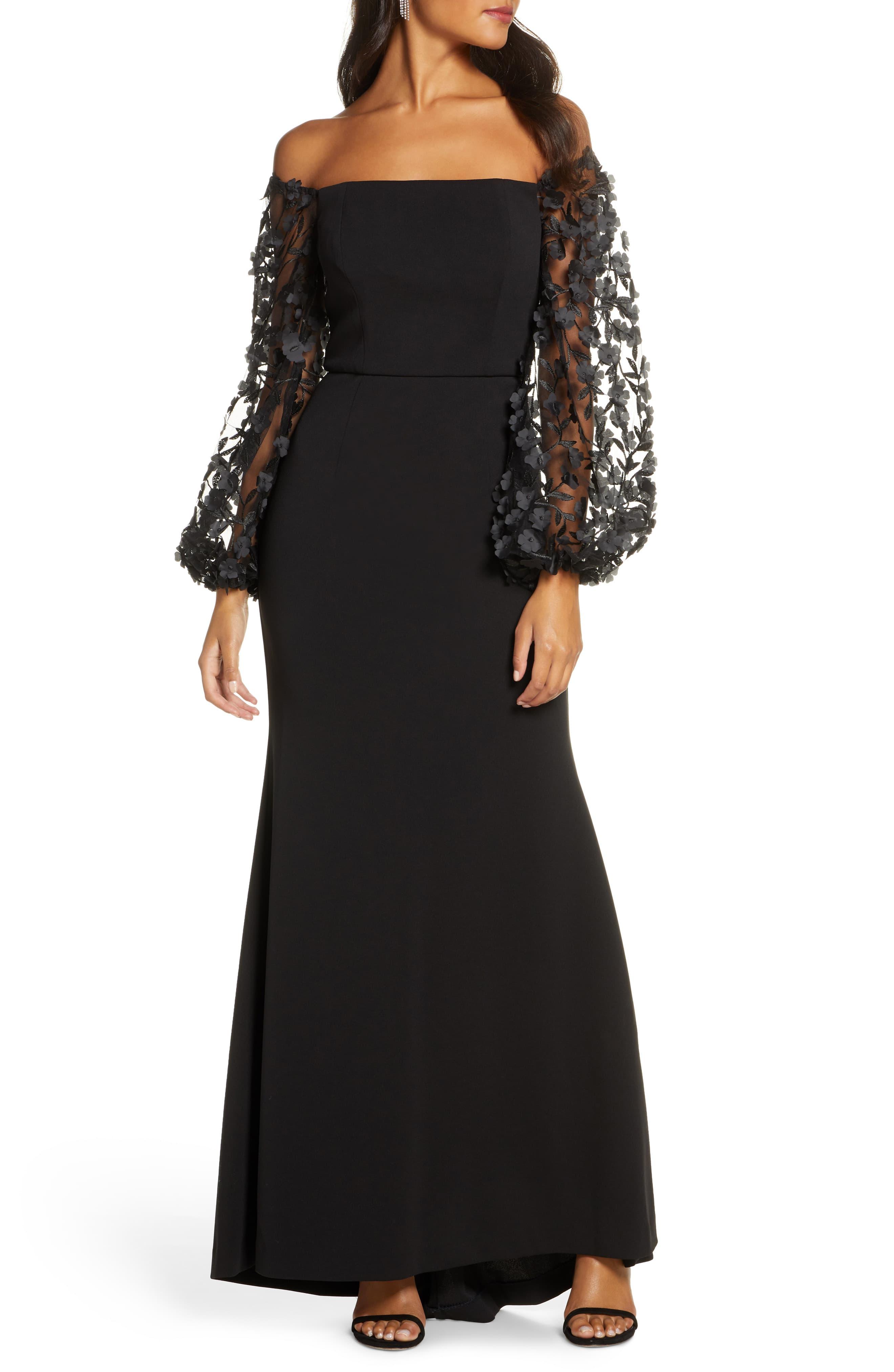 Eliza J Off The Shoulder 3d Floral Sleeve Scuba Crepe Evening Dress in