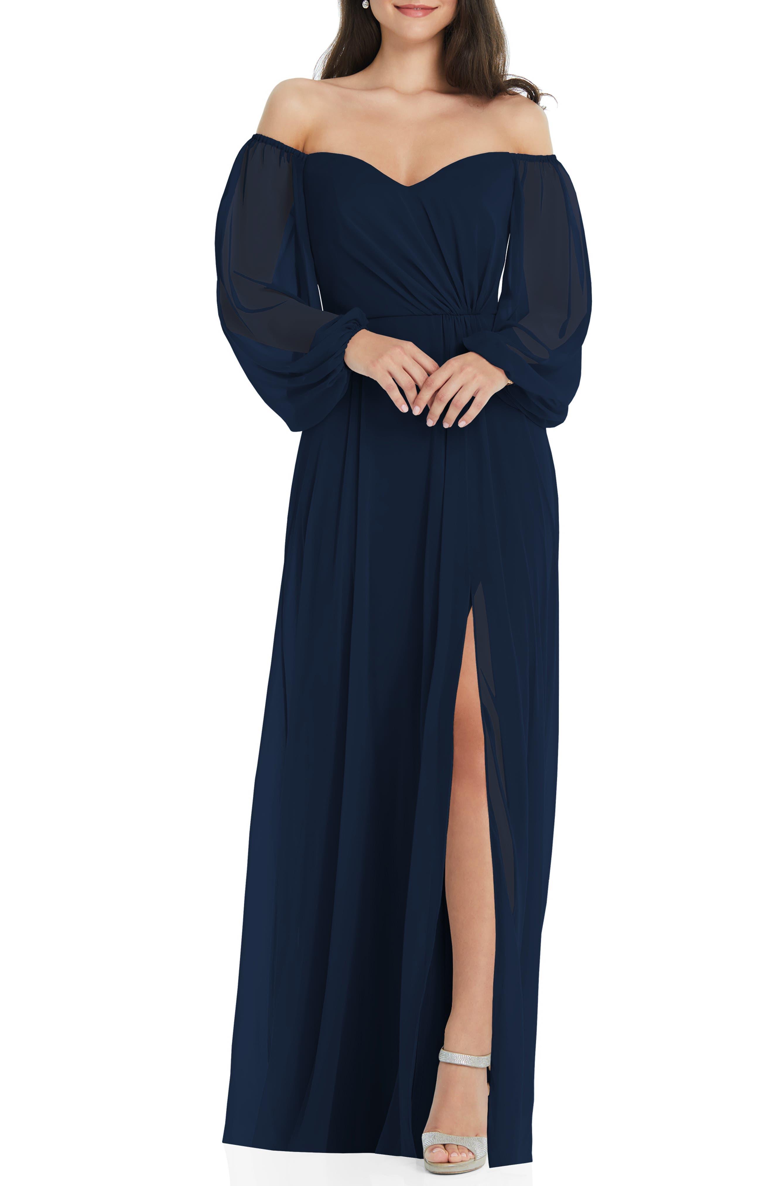 Dessy Collection Convertible Neck Long Sleeve Chiffon Gown In Blue Lyst 0127