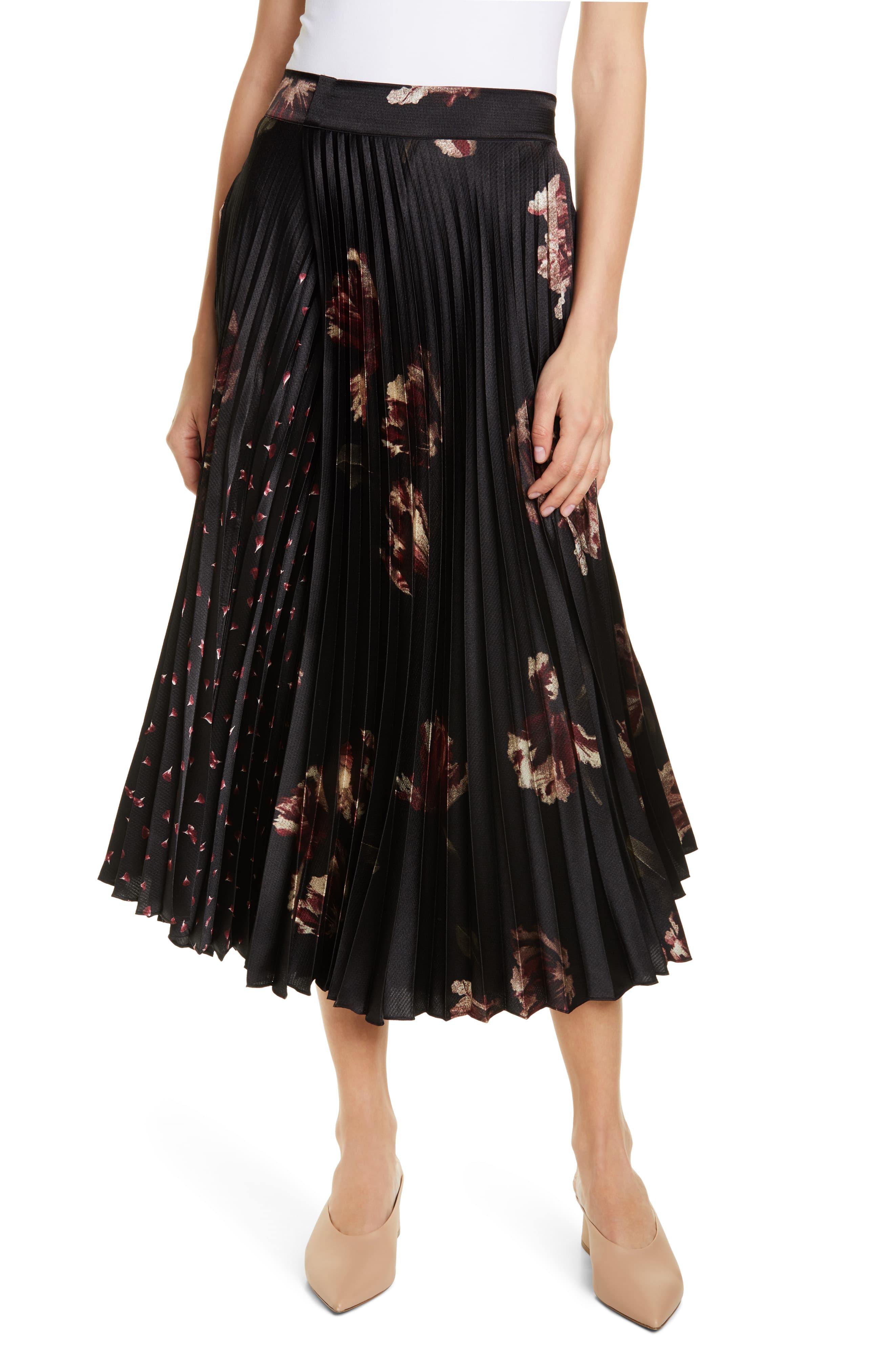 Vince Pleated Floralprint Cashmere Midi Skirt in Black Lyst