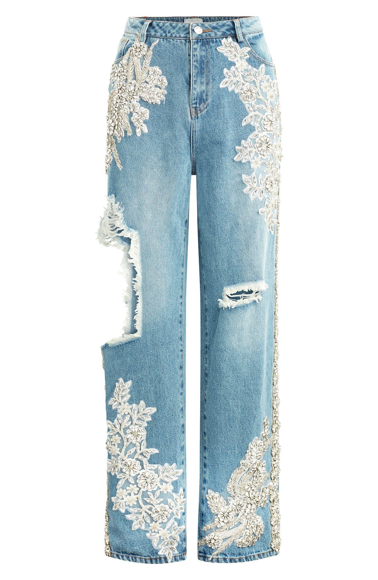 NICHOLE LYNEL THE LABEL Crystal Appliqué Ripped Nonstretch Jeans