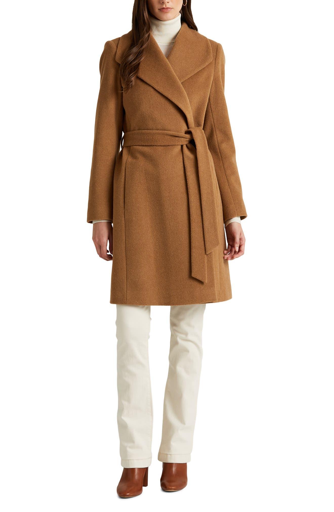 Lauren by Ralph Lauren Belted Wool Blend Wrap Coat in Brown | Lyst