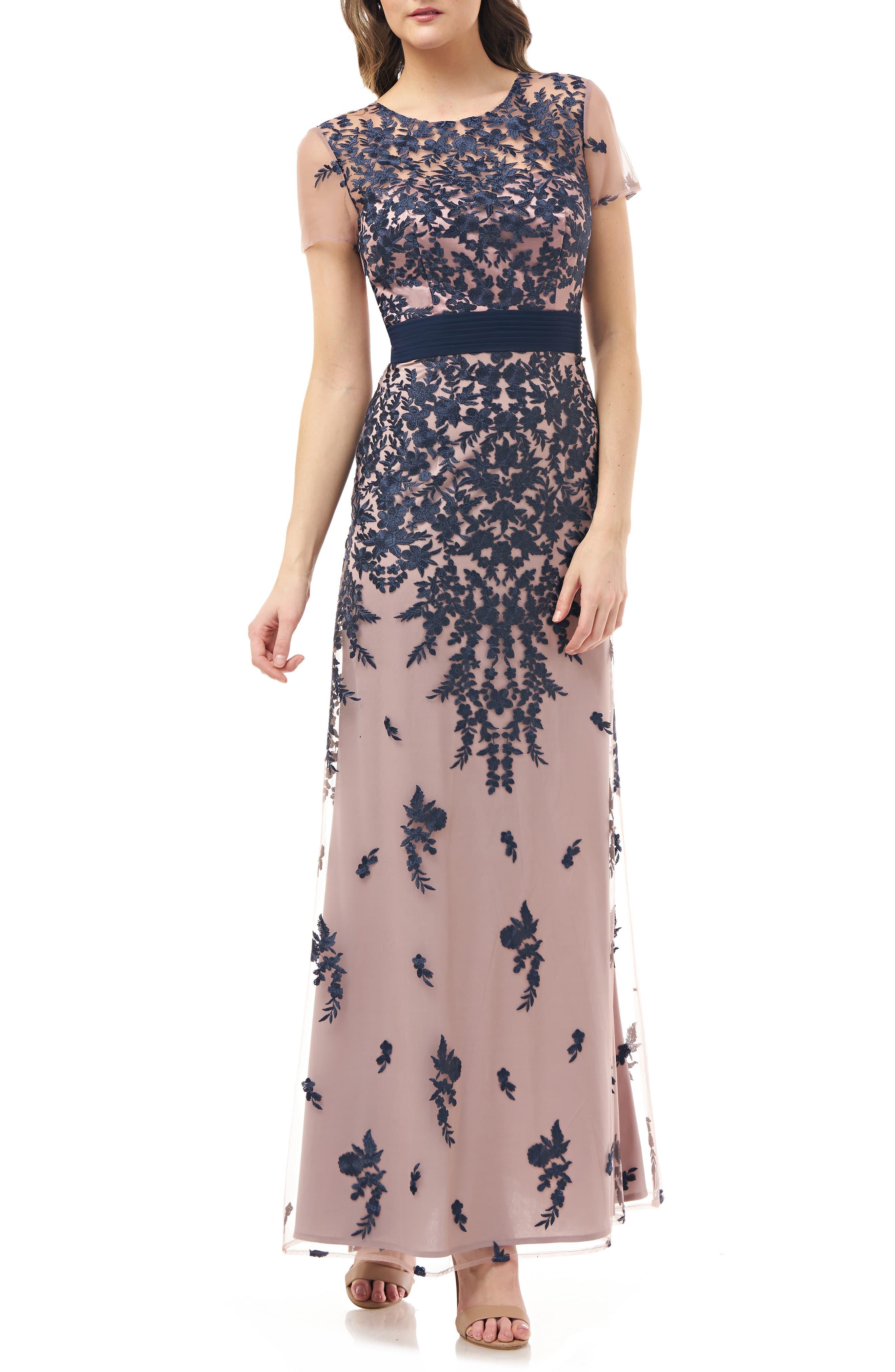 JS Collections Floral Embroidered Evening Dress in Navy Taupe (Blue ...