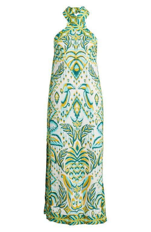farm rio tropical tapestry halter neck linen maxi dress reviews FARM Rio Tropical Tapestry Halter Linen Maxi Sundress in Green