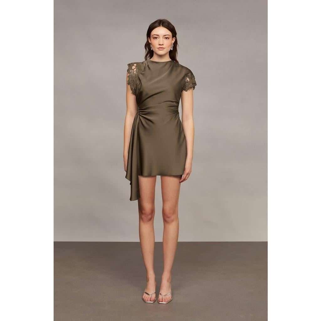 amur zina asymmetric lace ruched satin mini dress AMUR Zina Asymmetric Lace Ruched Satin Mini Dress