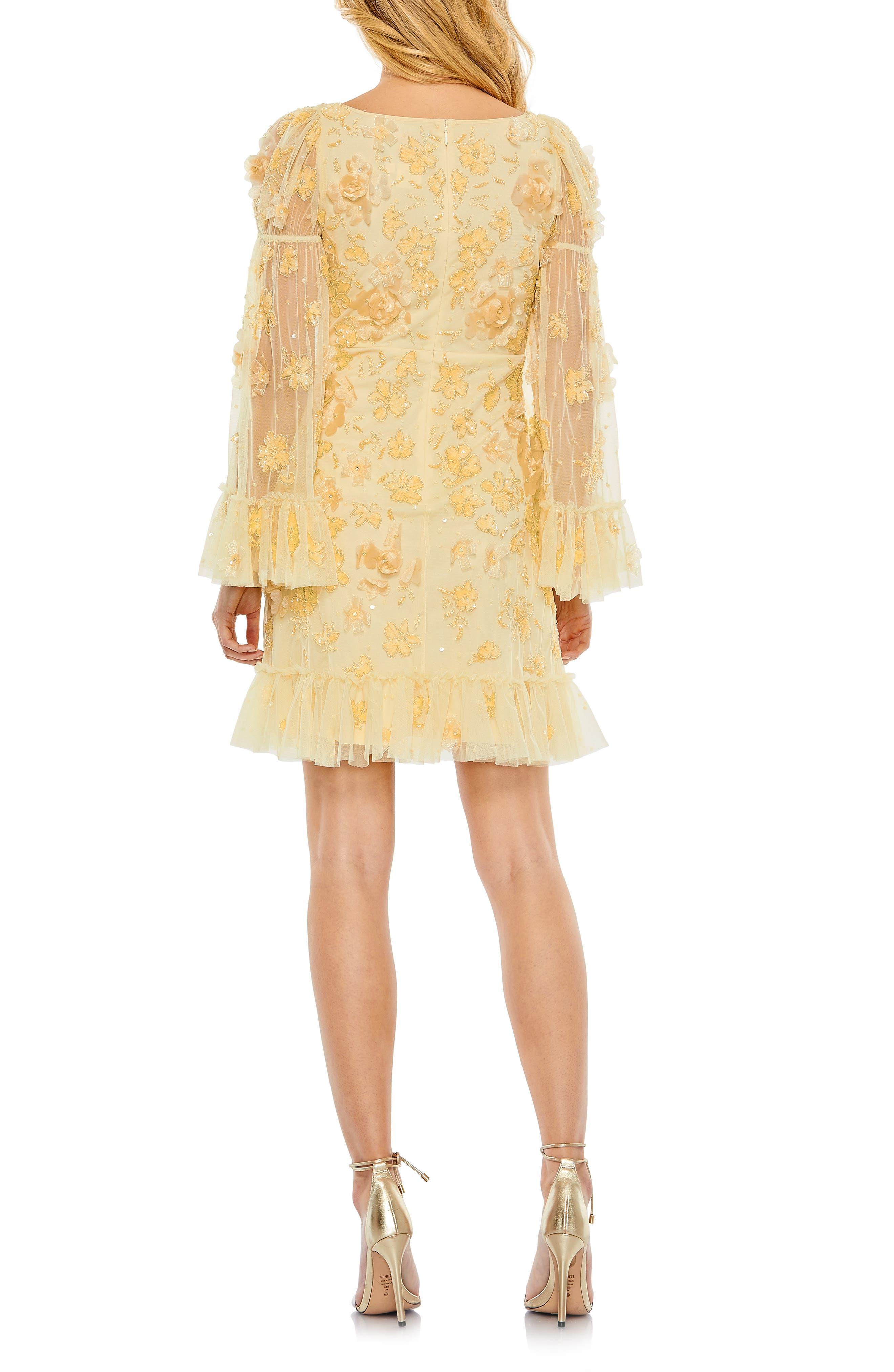 Mac Duggal Floral Embellished Long Sleeve Minidress in Yellow | Lyst