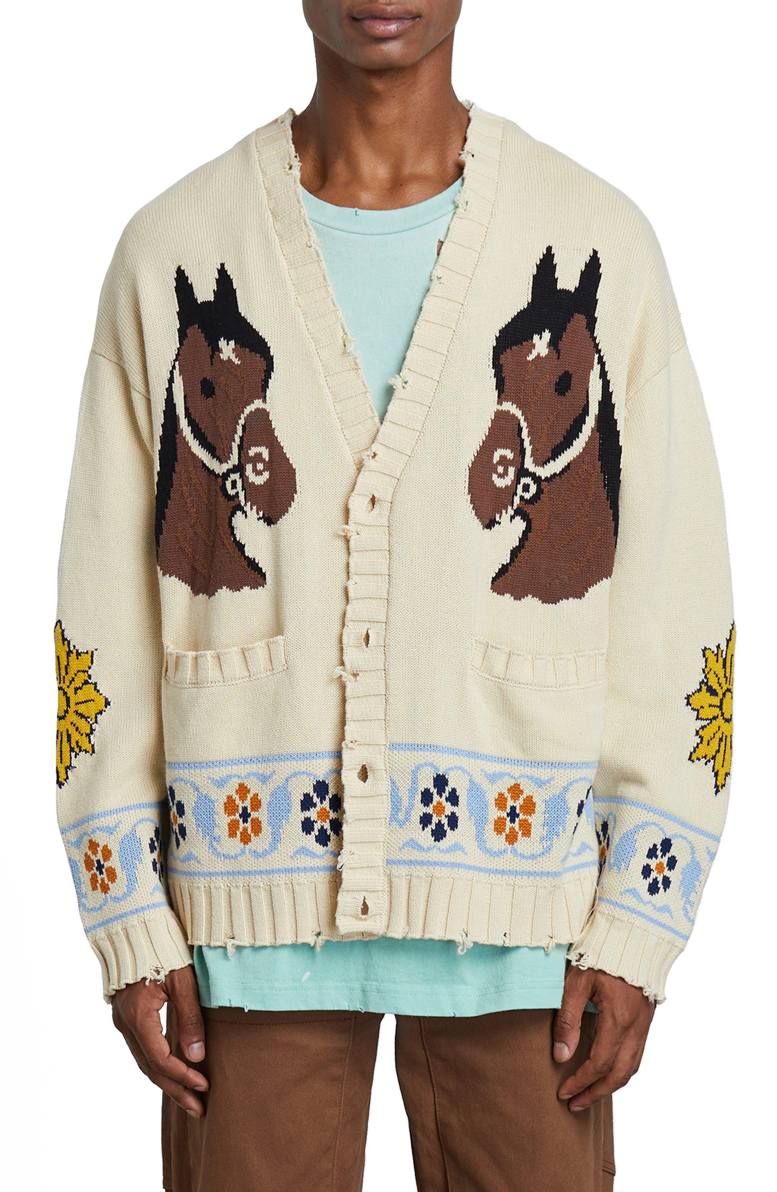 Profound Oversize Floral Horses Distressed Cardigan in Natural for