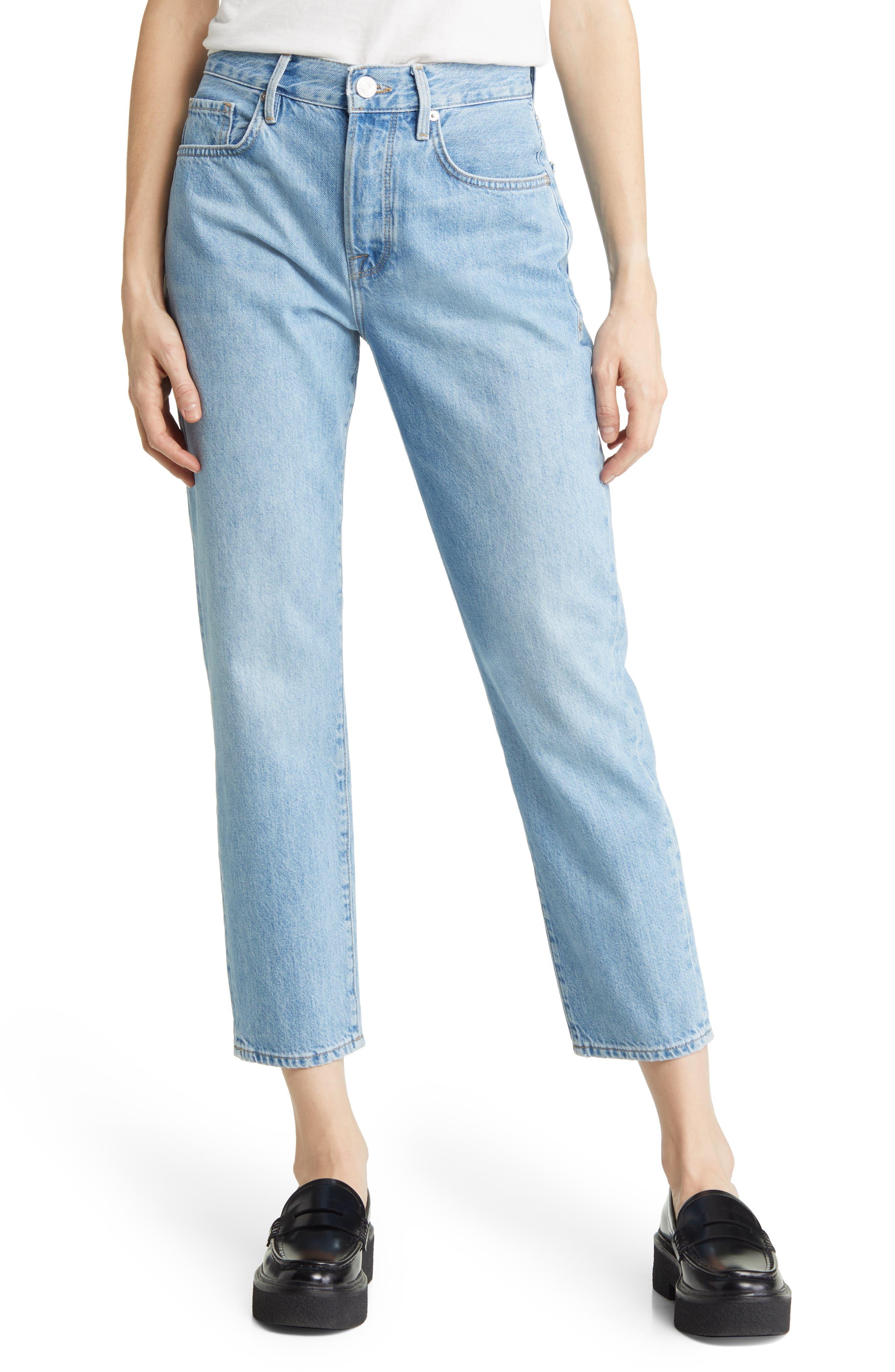 FRAME Distressed High Waist Straight Leg Jeans in Blue | Lyst