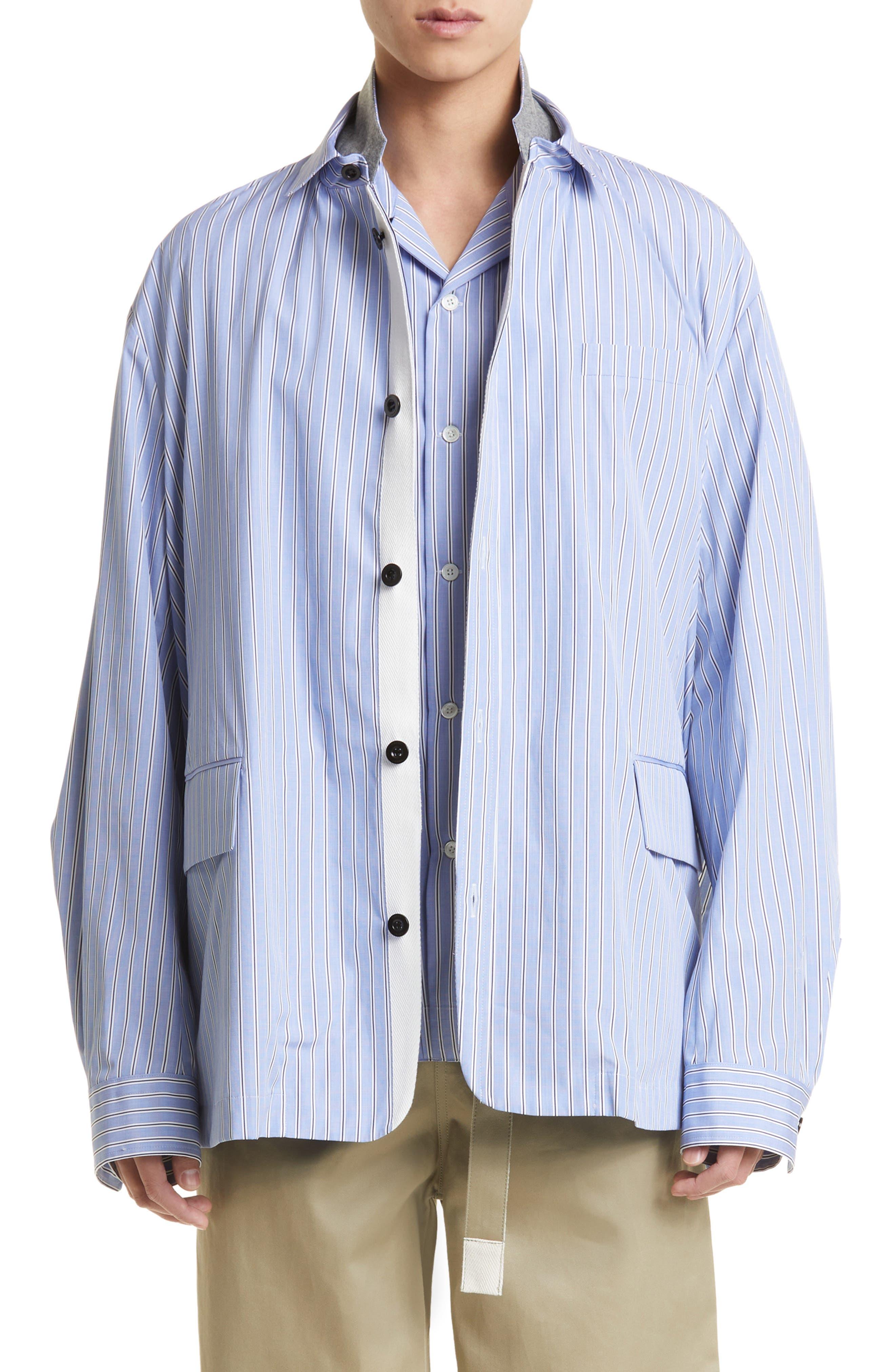 Sacai X Thomas Mason Stripe Cotton Poplin Shirt Jacket in Blue for
