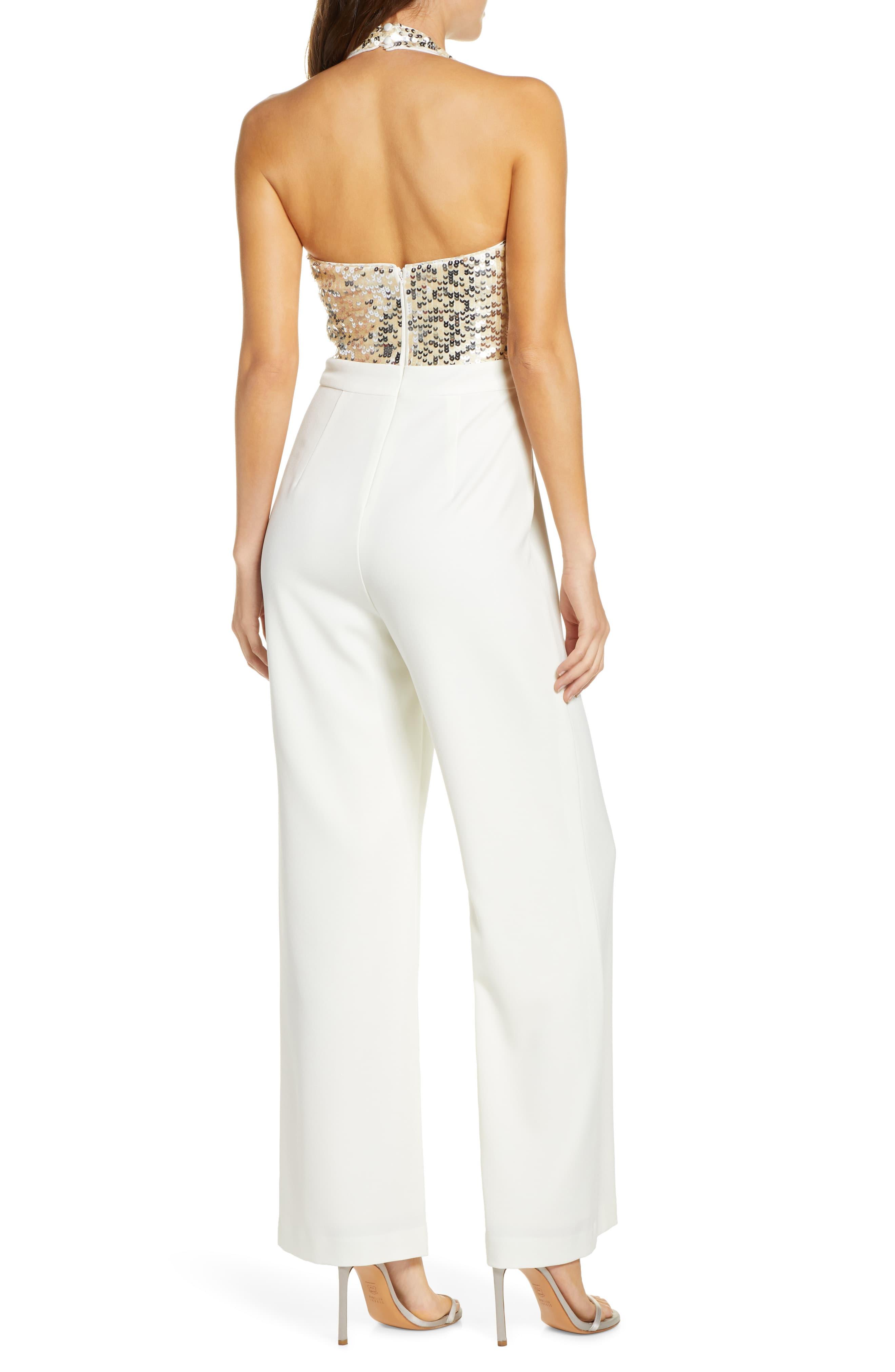 Vince Camuto Sequin & Crepe Halter Jumpsuit in Ivory (White) - Lyst