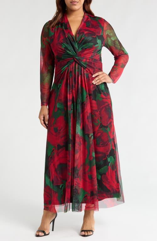 Anne Klein Floral Twist Front Long Sleeve Mesh Maxi Dress in Red | Lyst