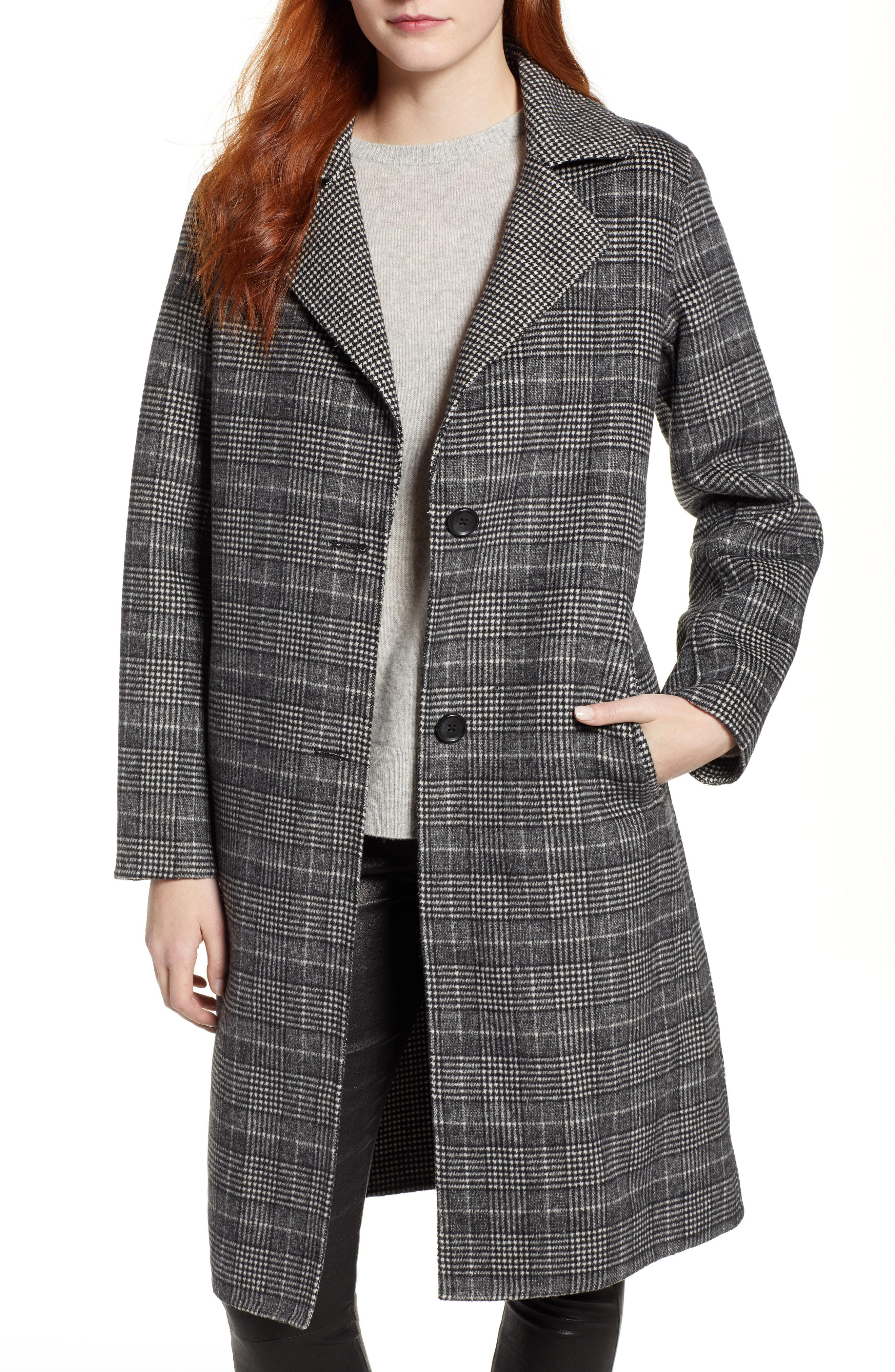 Bernardo Wool Long Plaid Coat in Gray - Lyst