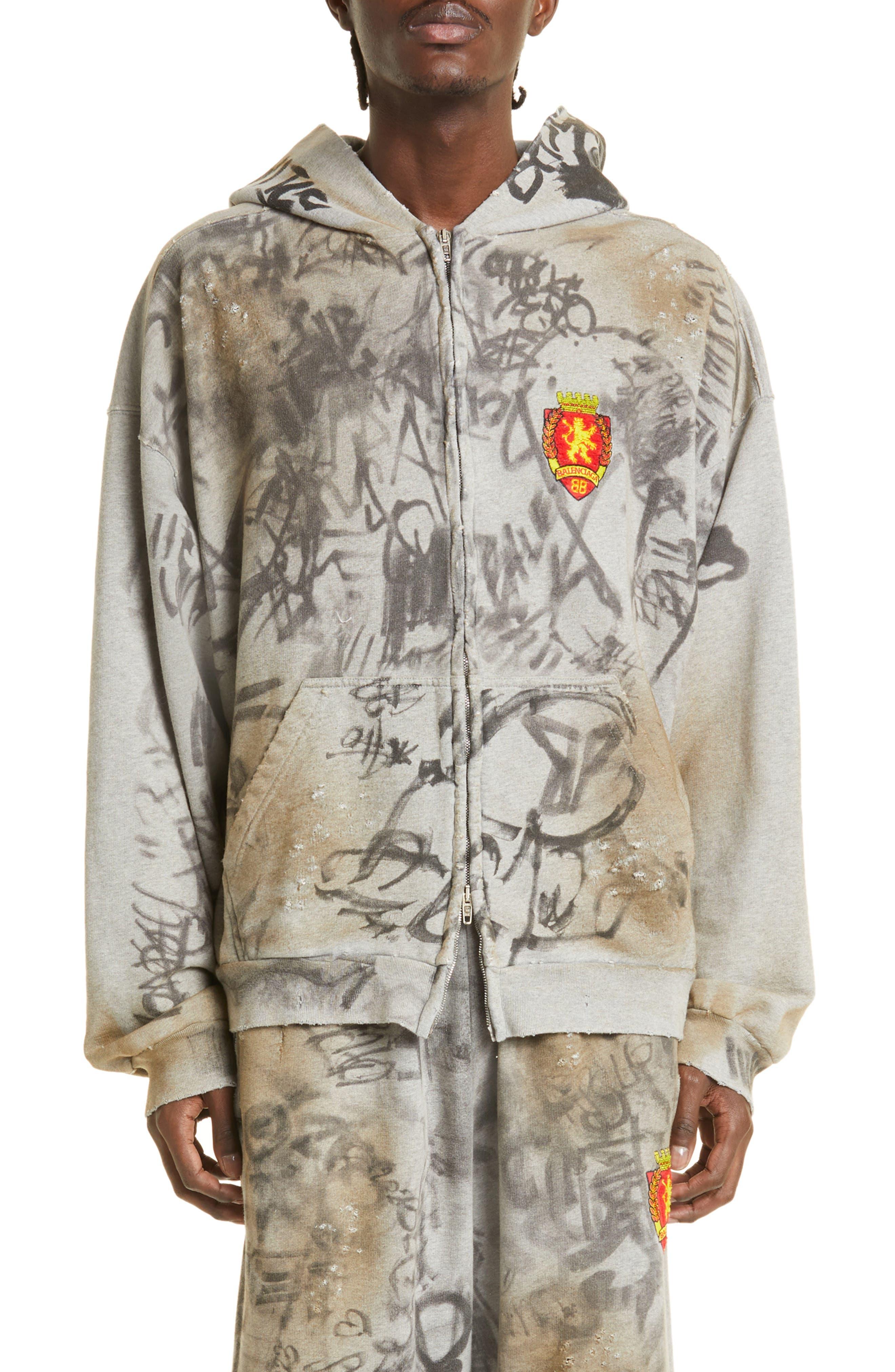 Balenciaga Distressed Graffiti Print Cotton Hoodie for Men