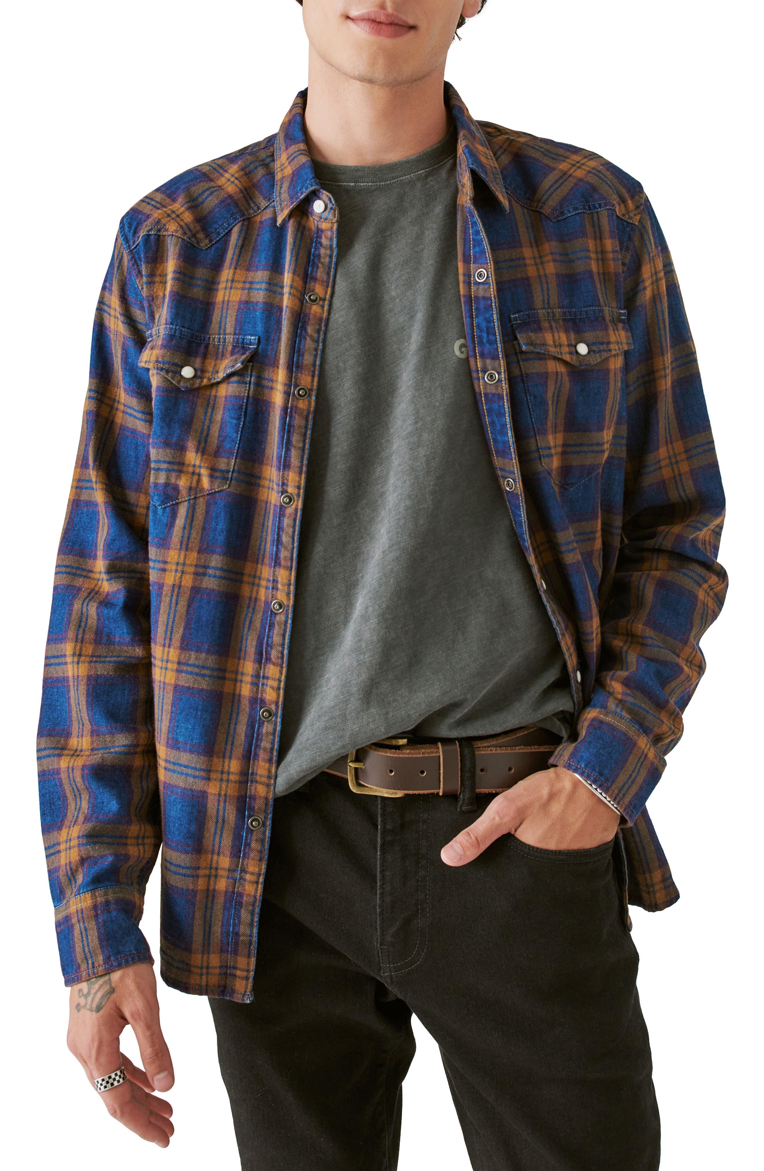 Lucky Brand Plaid Western Cotton Twill Snap-up Shirt in Black for Men
