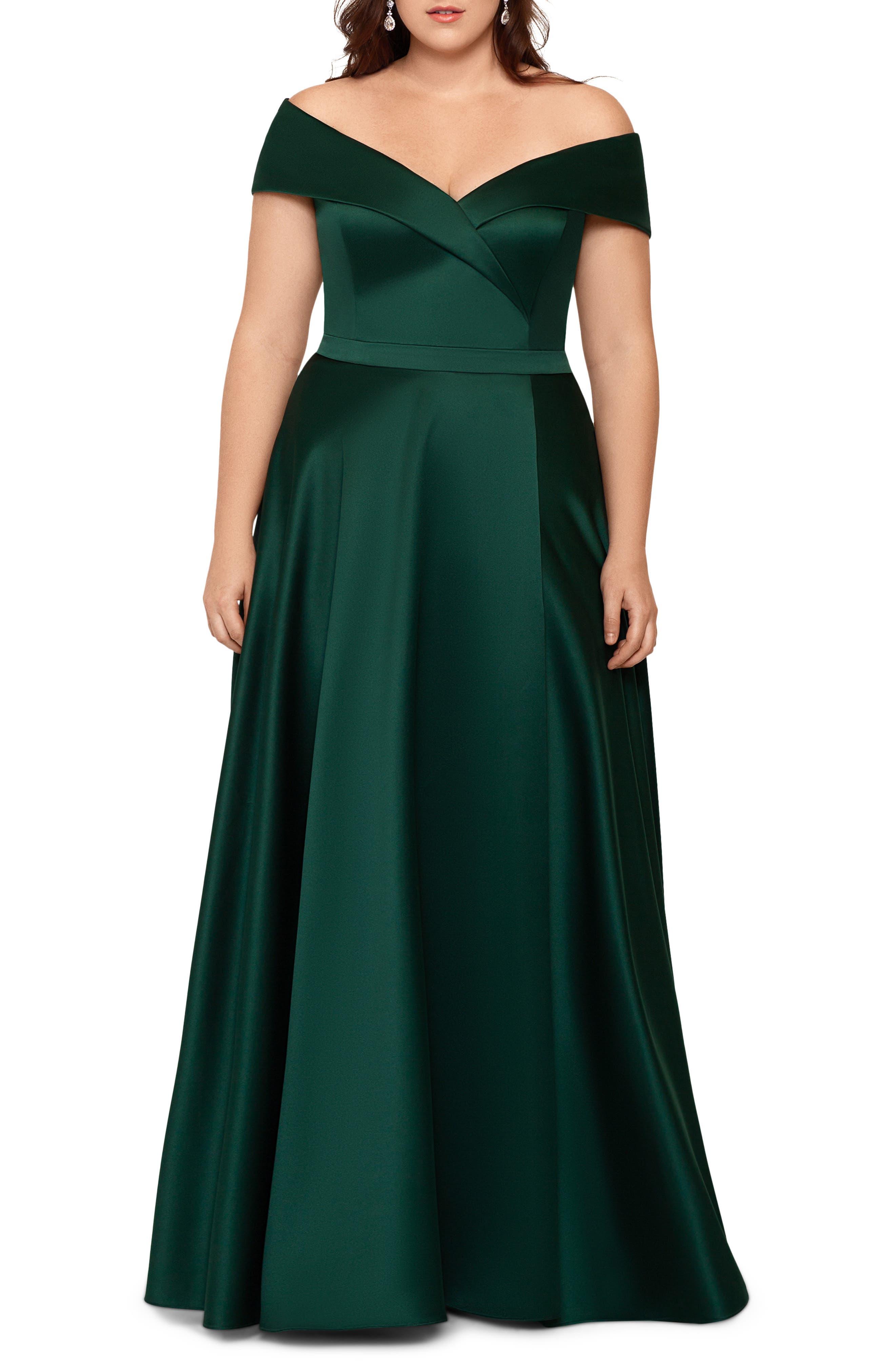 Xscape Off The Shoulder Satin A-line Gown in Green | Lyst