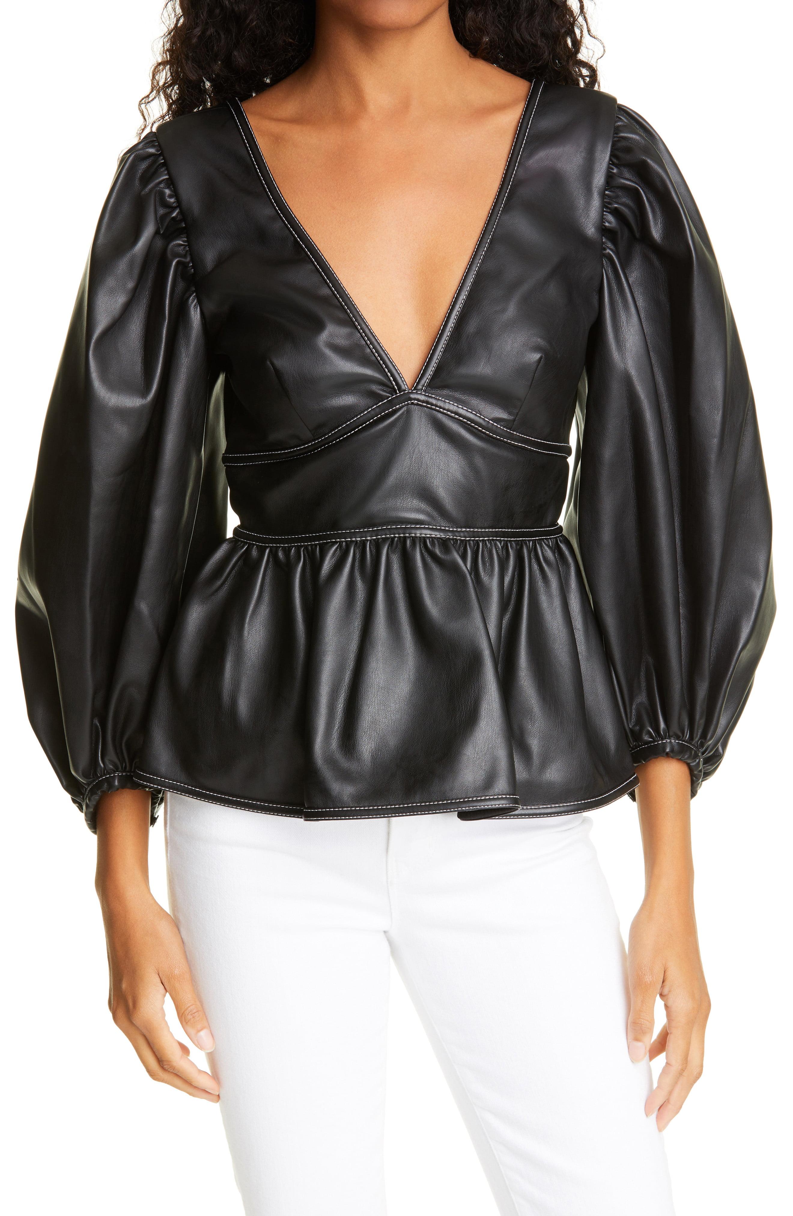 STAUD Luna Faux Leather Blouse in Black - Lyst