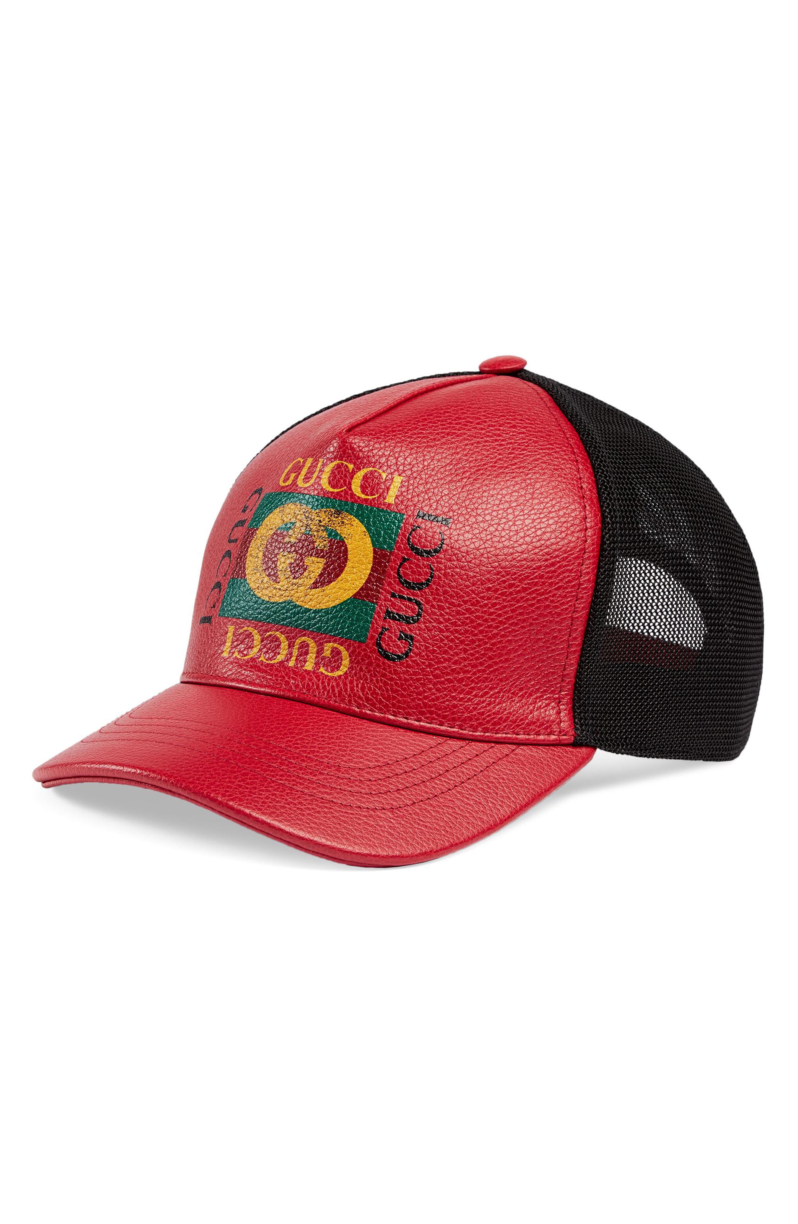 Gucci Print Leather Baseball Hat in Red for Men | Lyst
