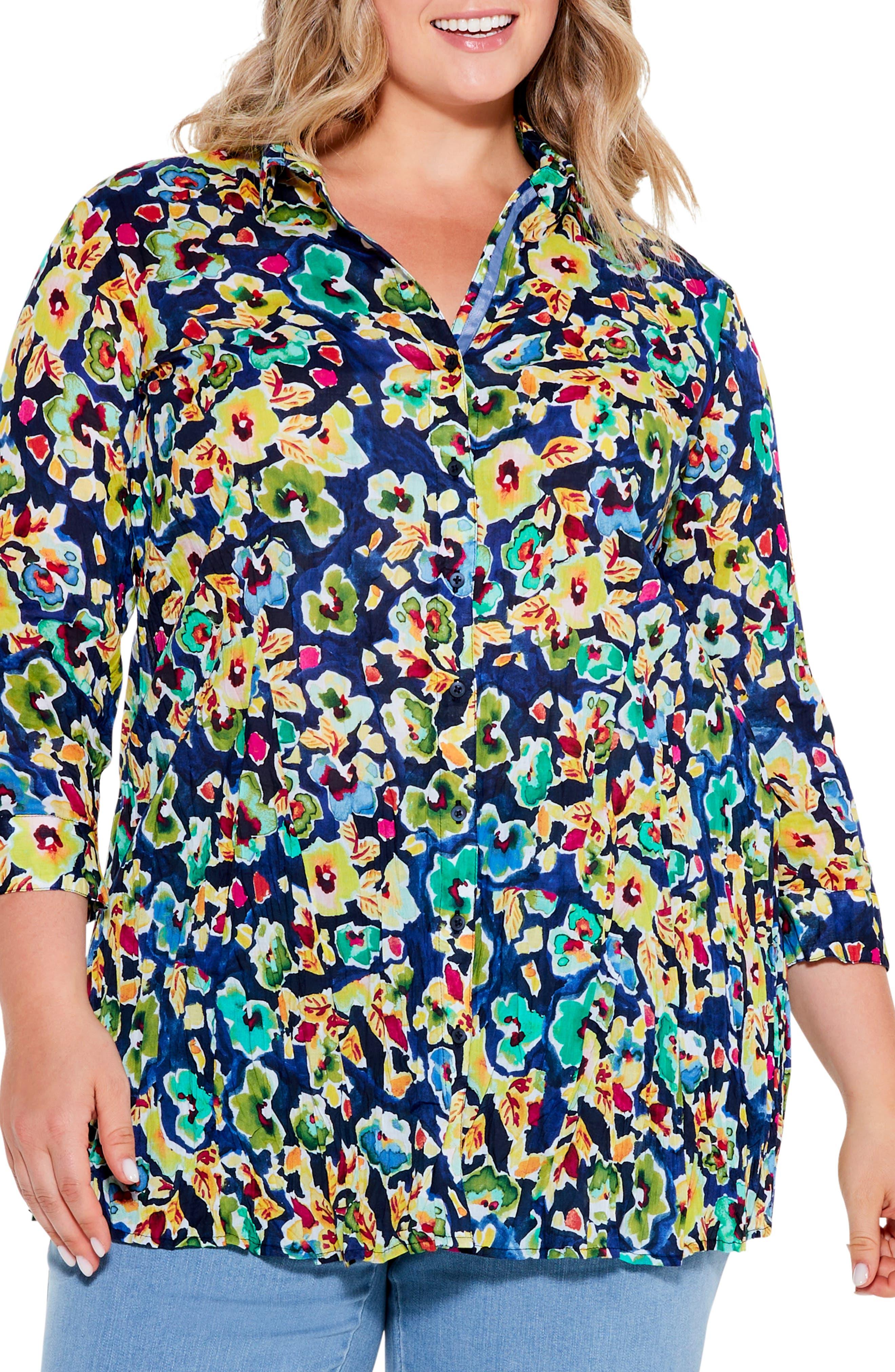 NIC+ZOE Nic+zoe Bold Blossoms Crinkle Button-up Shirt in Blue | Lyst