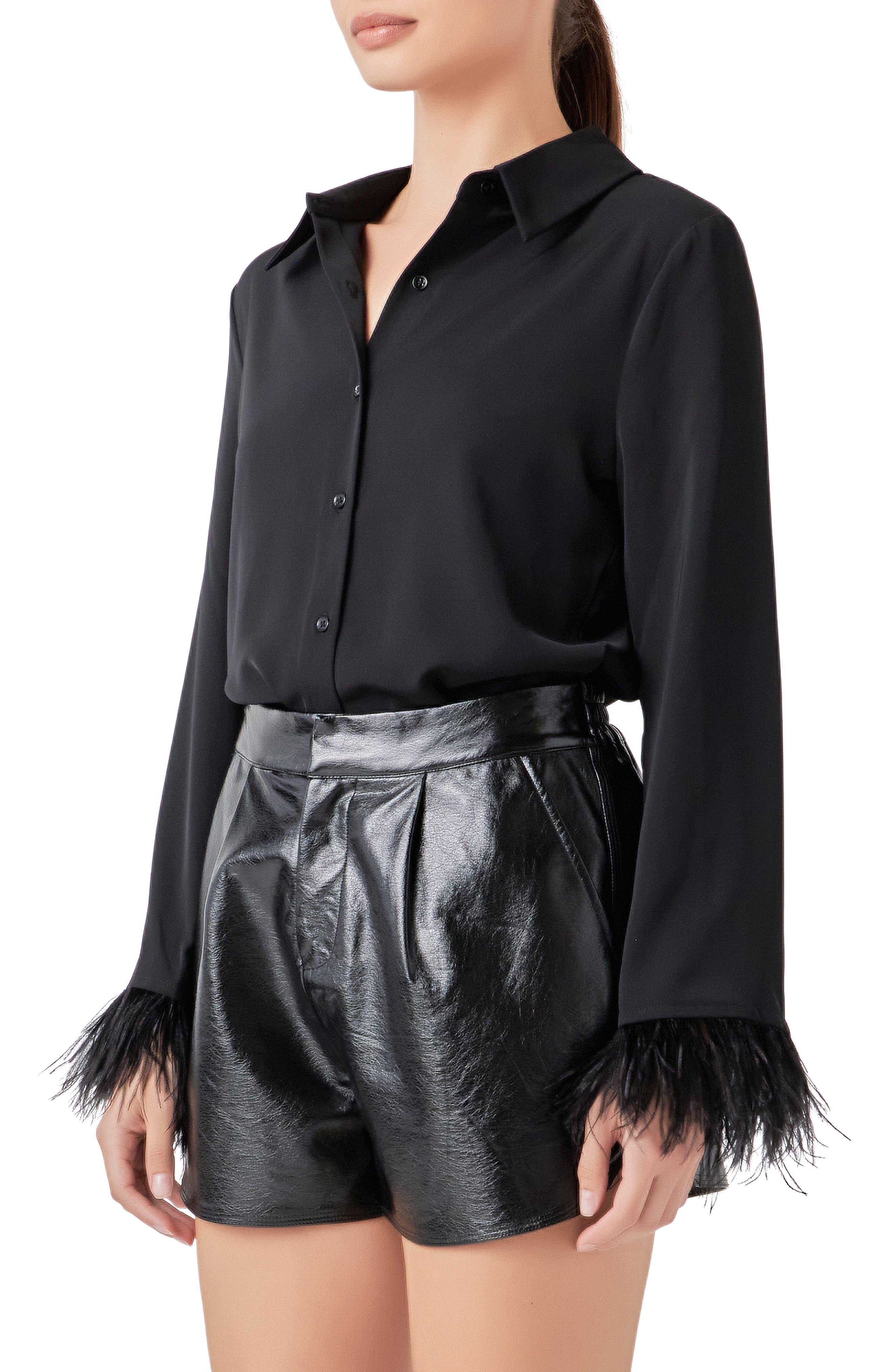 Endless Rose Faux Feather Trim Button-up Blouse in Black | Lyst
