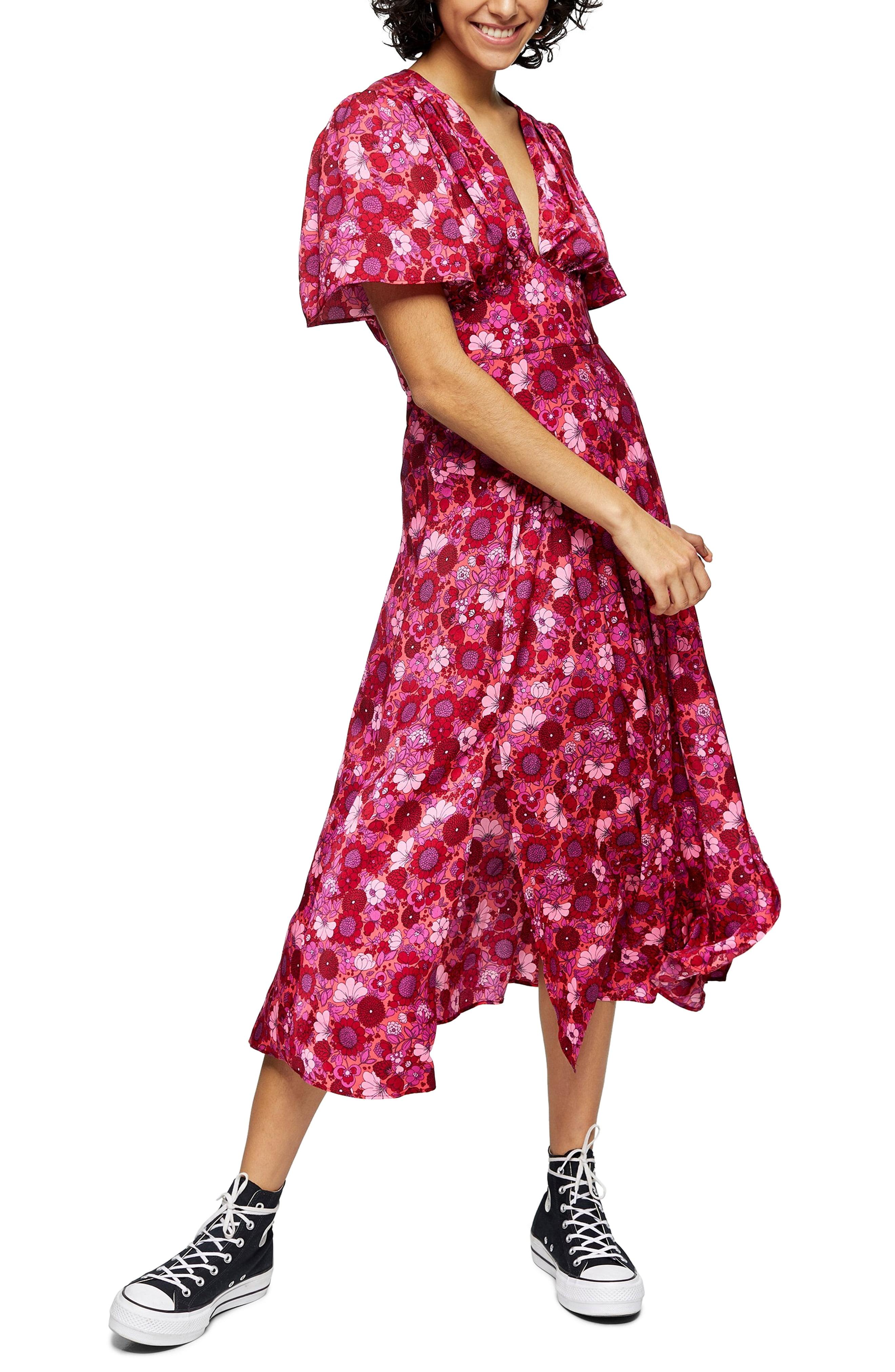TOPSHOP Willow Pink Floral Print Angel Sleeve Midi Dress | Lyst