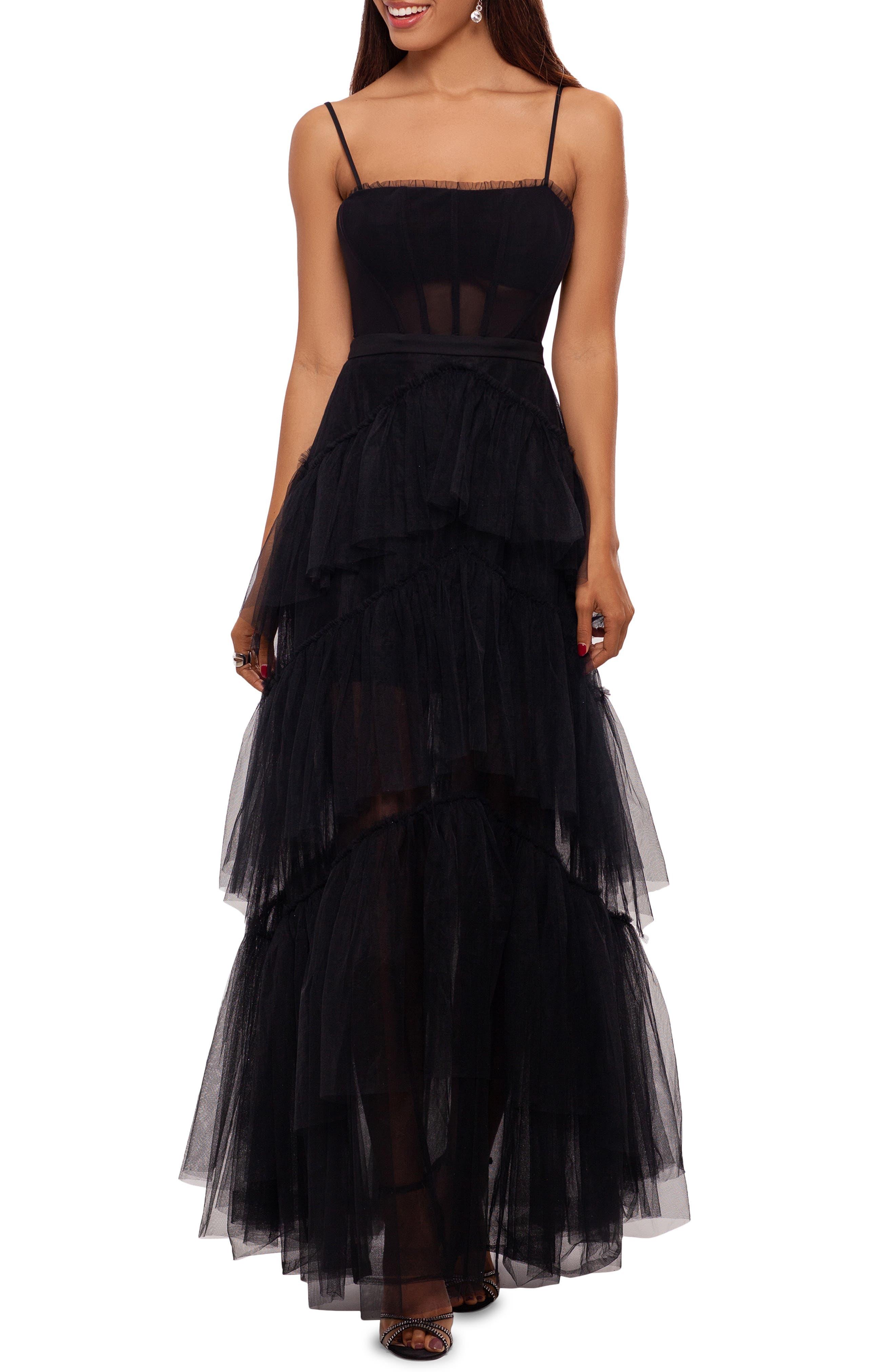 tiered ruffle tulle evening gown