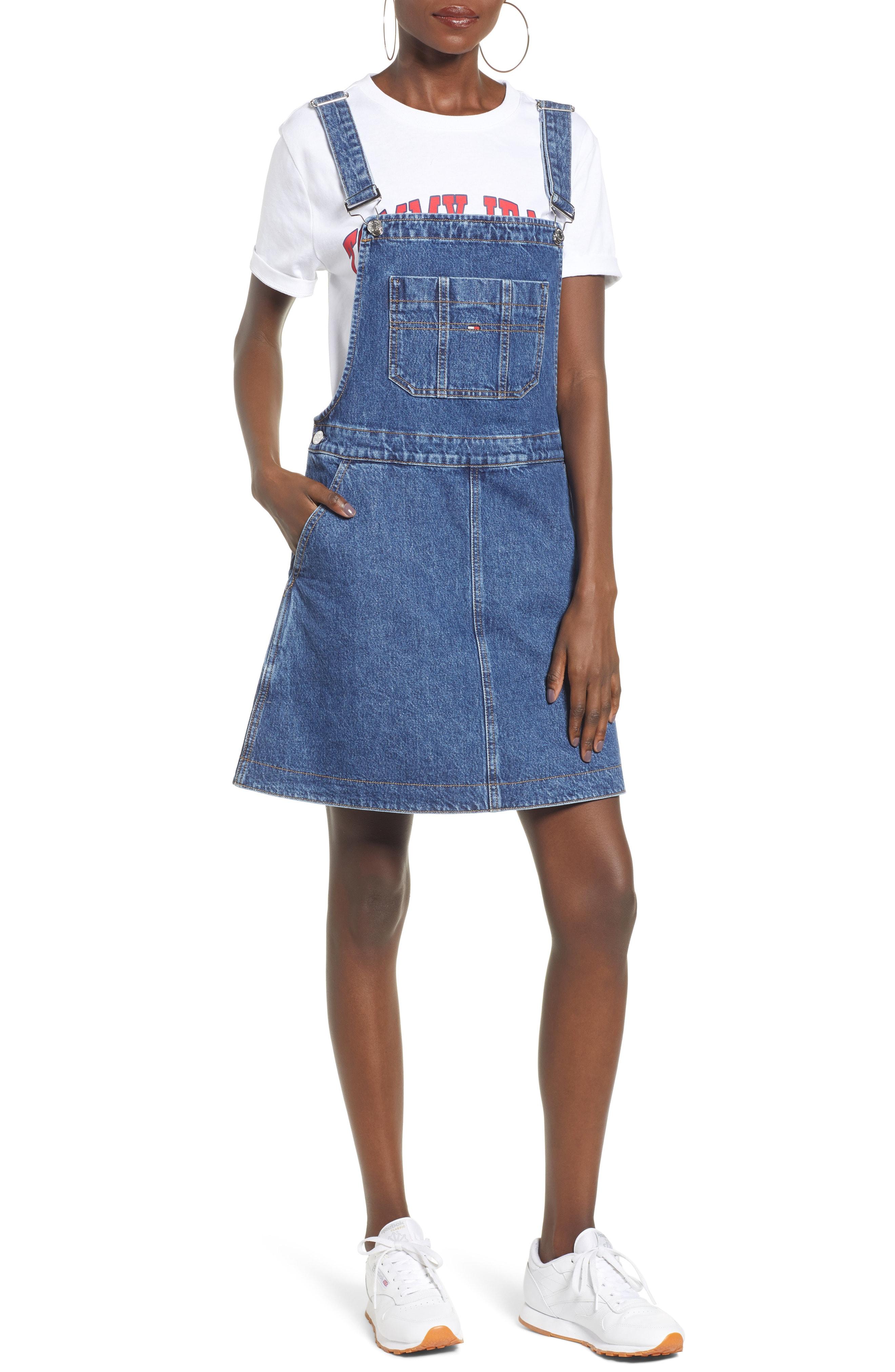 tommy jeans denim dungaree mini dress