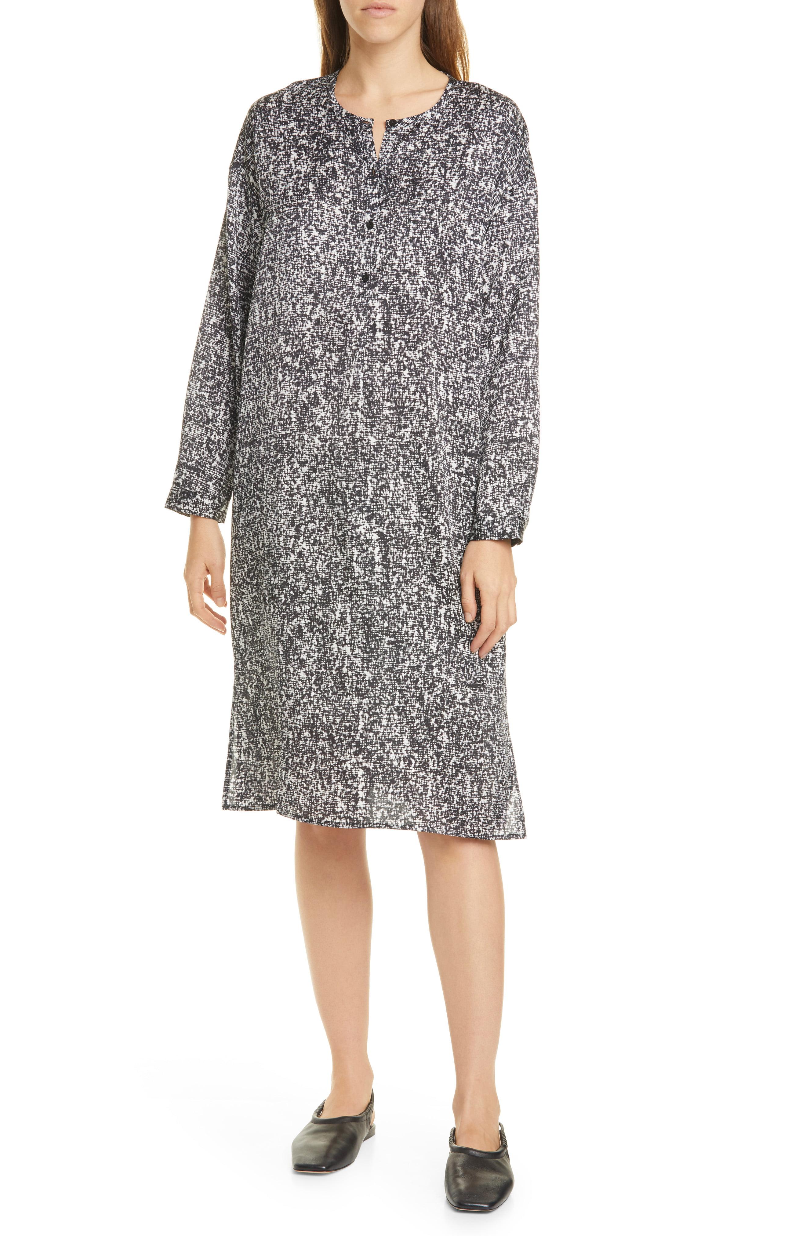 Eileen Fisher Silk & Organic Cotton Long Sleeve Henley Dress in Black