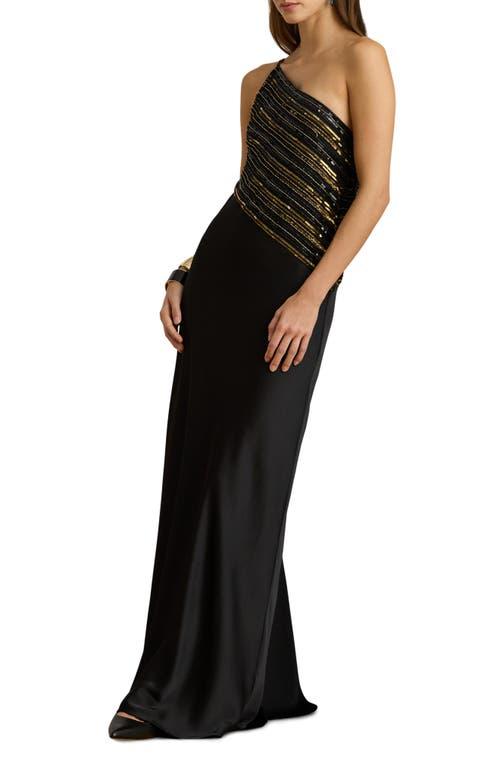 Ralph Lauren Beaded Mesh One-Shoulder Gown in Black | Lyst