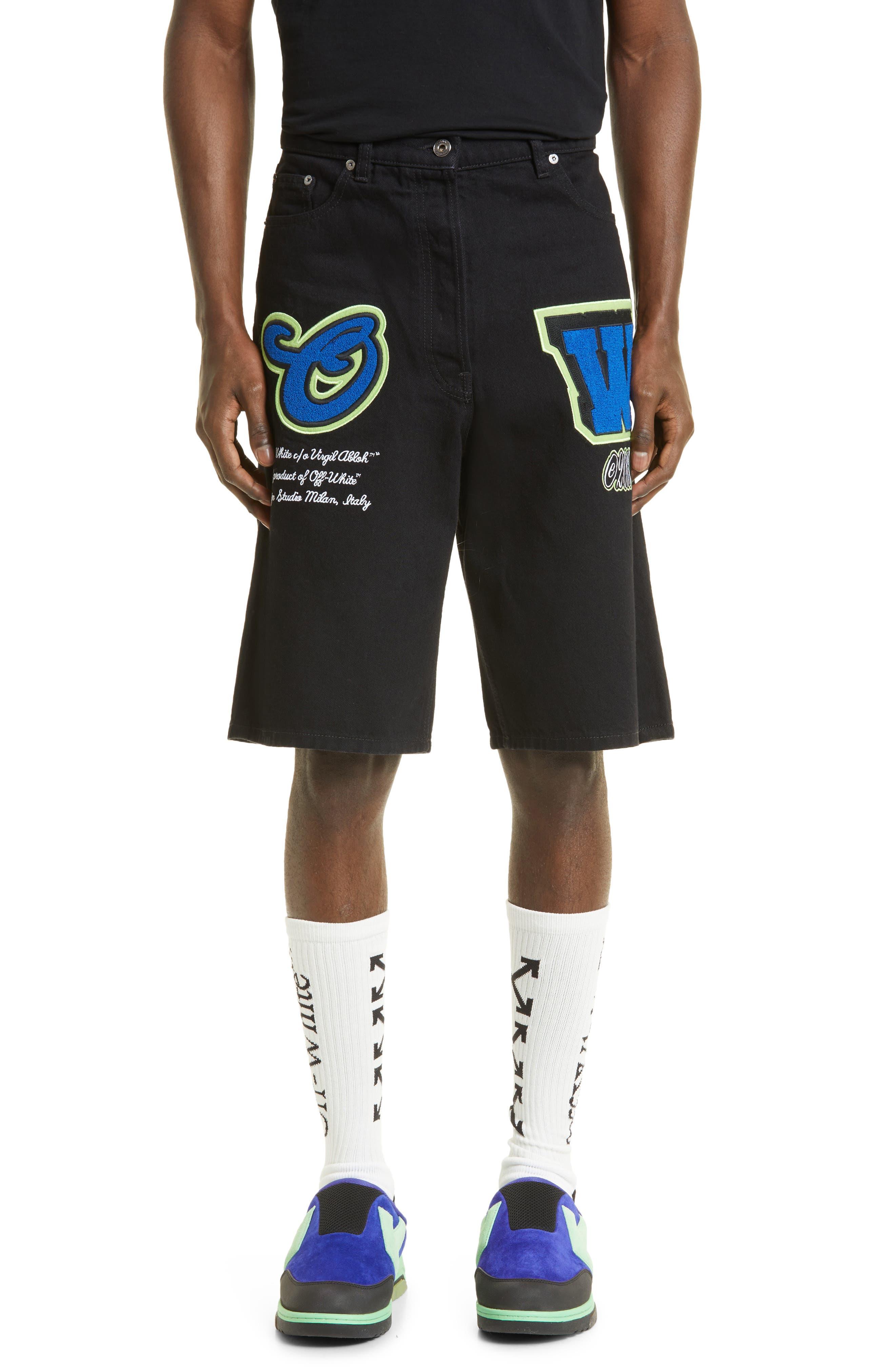 Off-White c/o Virgil Abloh Varsity Patch Denim Shorts in Black for Men |  Lyst
