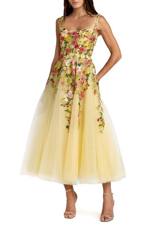 Mac Duggal Embroidered Tulle A-Line Midi Dress in Yellow | Lyst Mac Duggal Embroidered Tulle A-Line Midi Dress in Yellow | Lyst