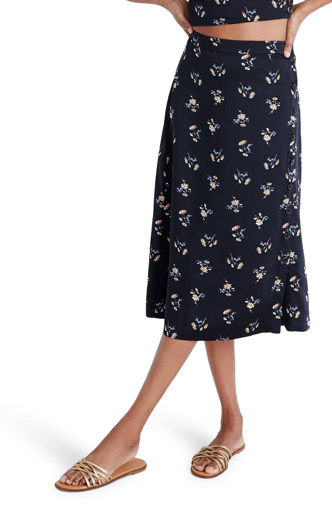 Download Madewell Satin Daisy Print Side-button Midi Skirt in Black ...