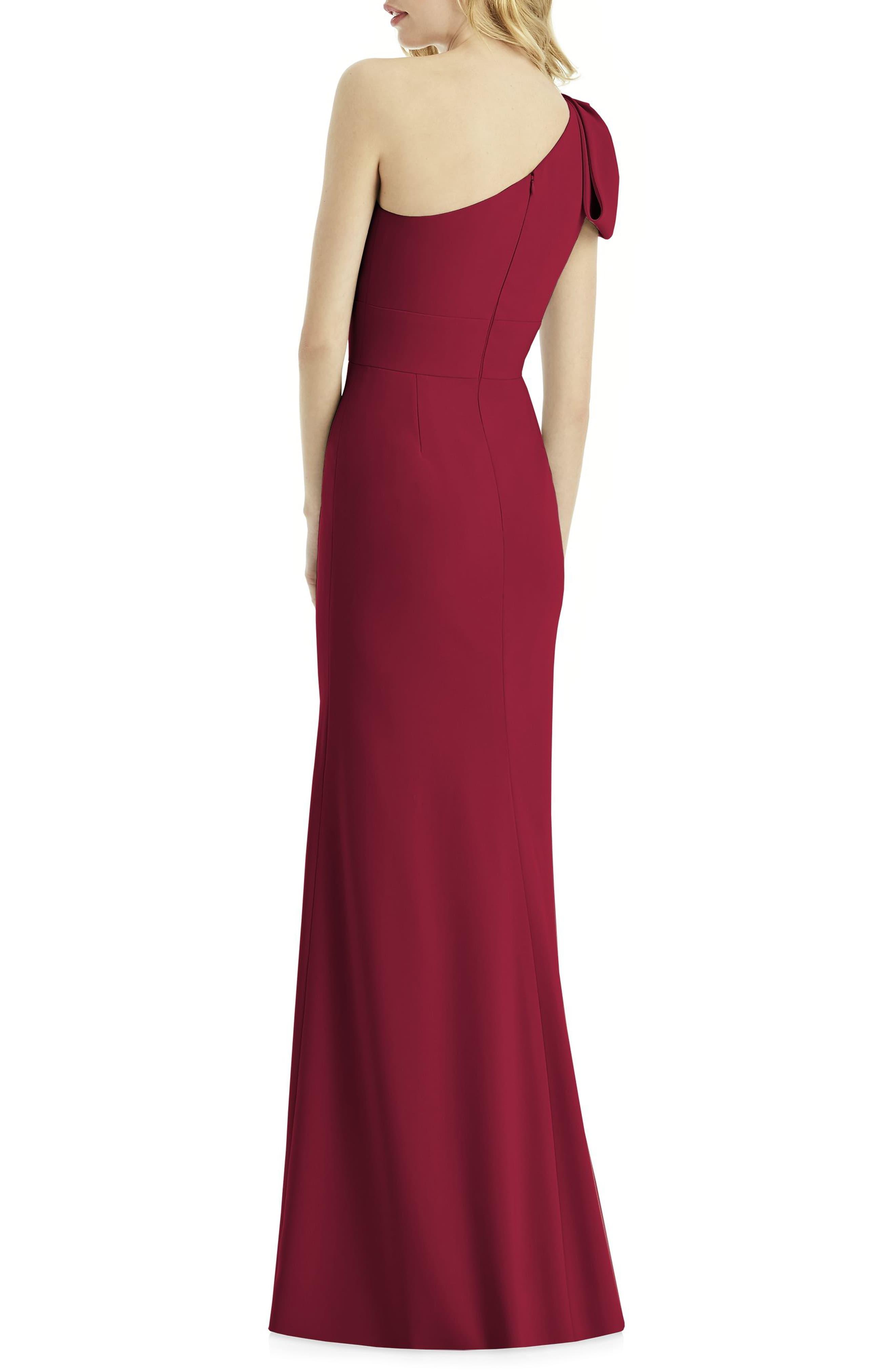 After six bow top one shoulder gown