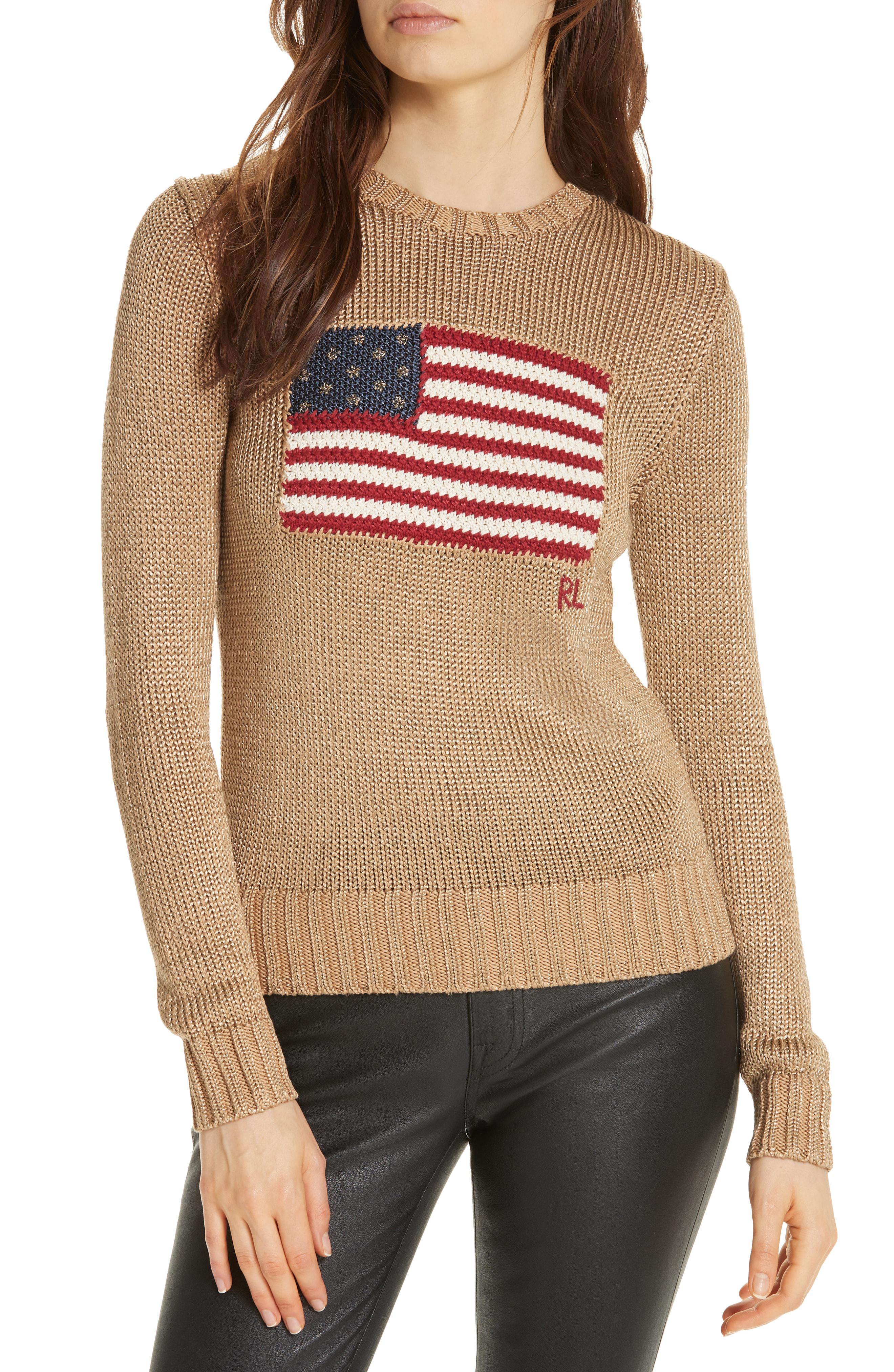 Polo Ralph Lauren Metallic Cotton Blend Flag Sweater - Lyst